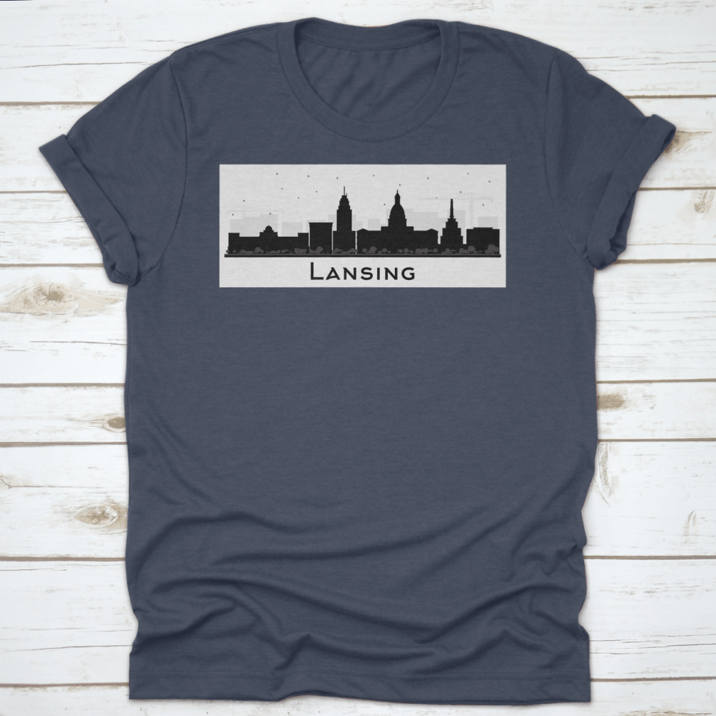 Lansing Michigan City Skyline silhouette t-shirt featuring black buildings on a soft cotton fabric.