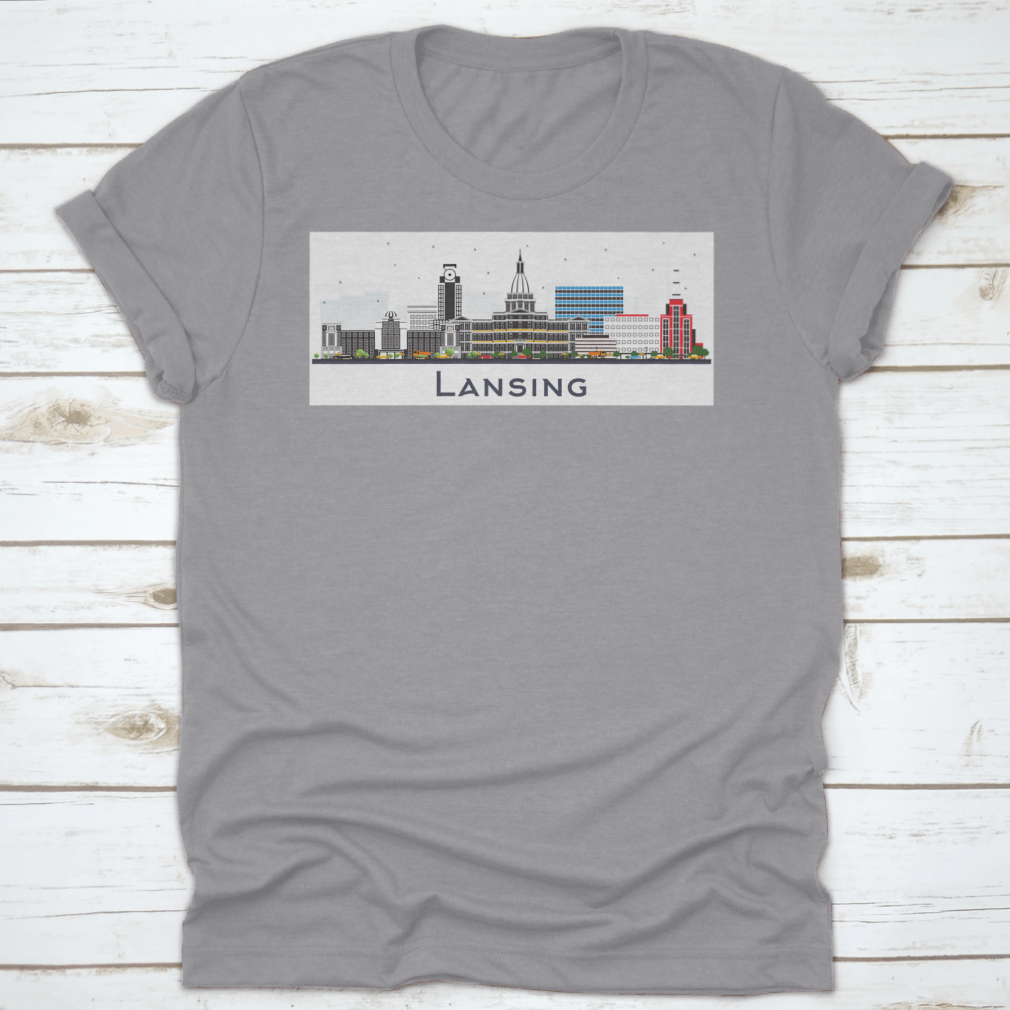 Lansing Michigan City Skyline t-shirt featuring colorful buildings on a white background, showcasing a vibrant city design.