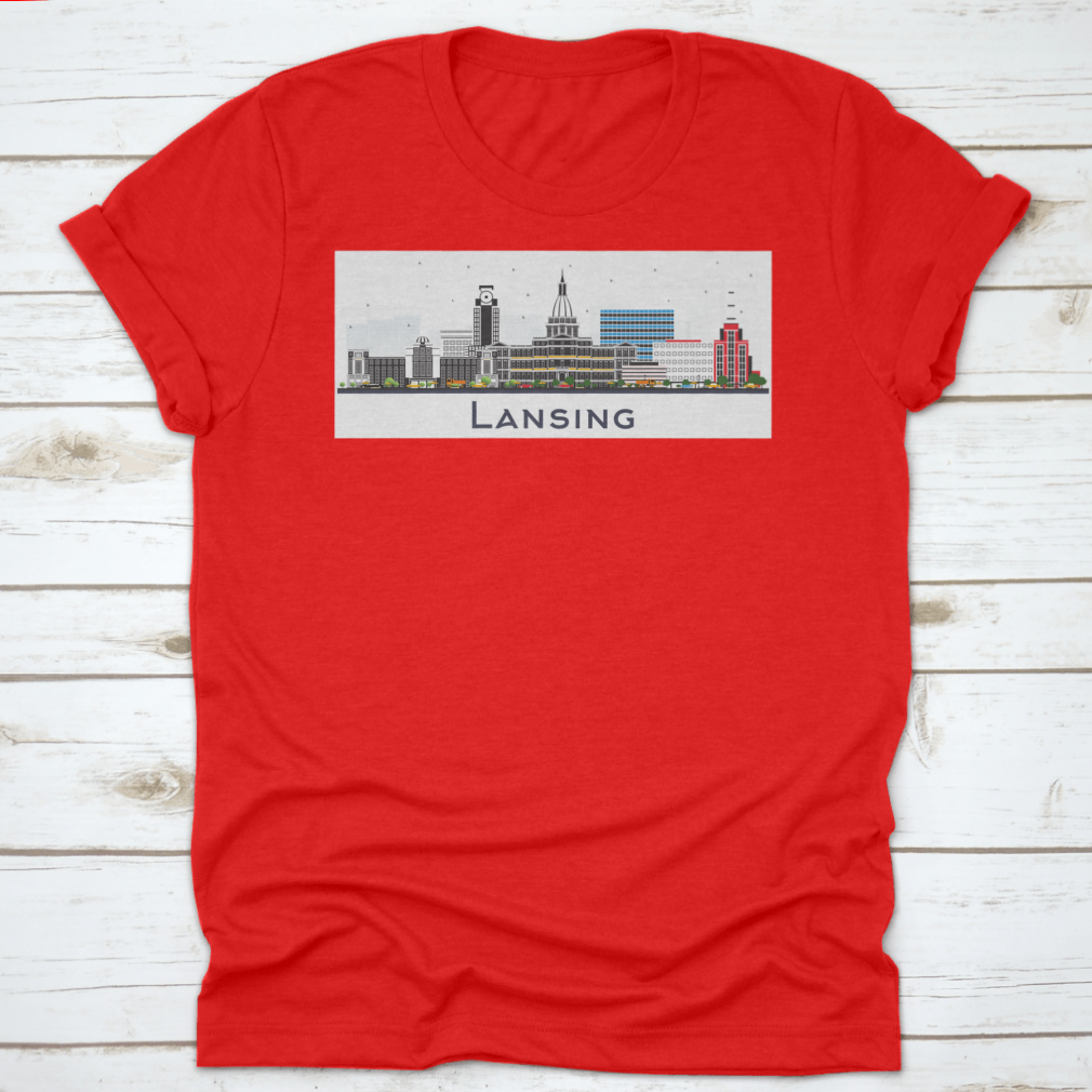 Lansing Michigan City Skyline t-shirt featuring colorful buildings on a white background, showcasing a vibrant city design.