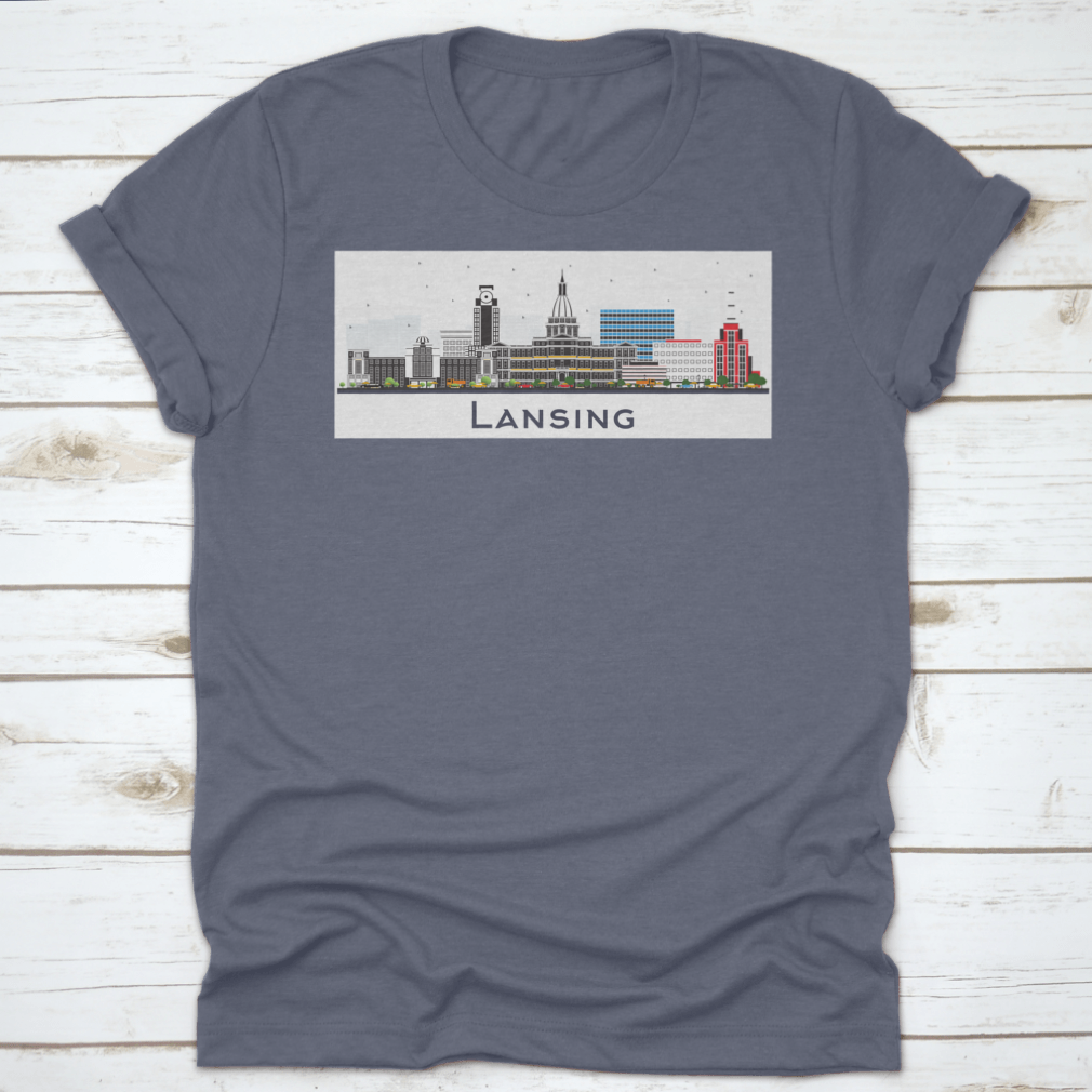 Lansing Michigan City Skyline t-shirt featuring colorful buildings on a white background, showcasing a vibrant city design.