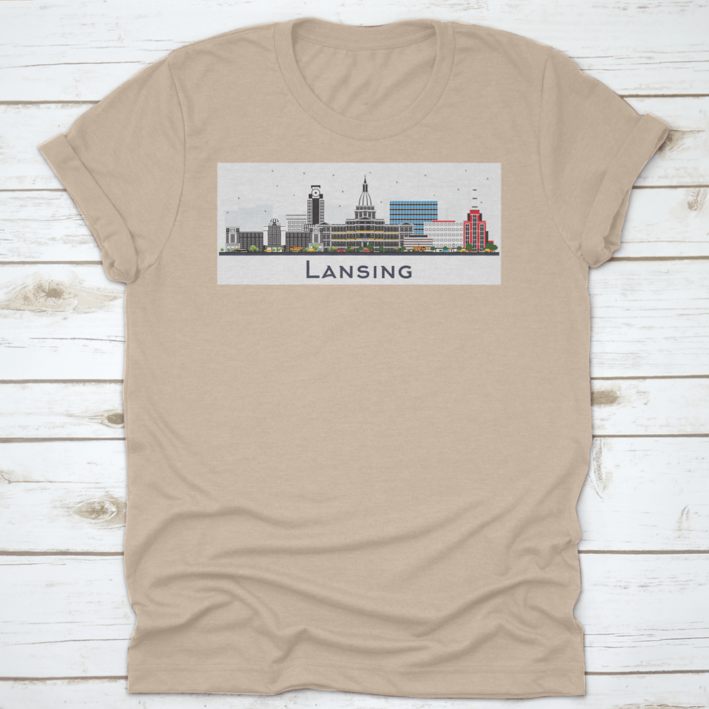 Lansing Michigan City Skyline t-shirt featuring colorful buildings on a white background, showcasing a vibrant city design.