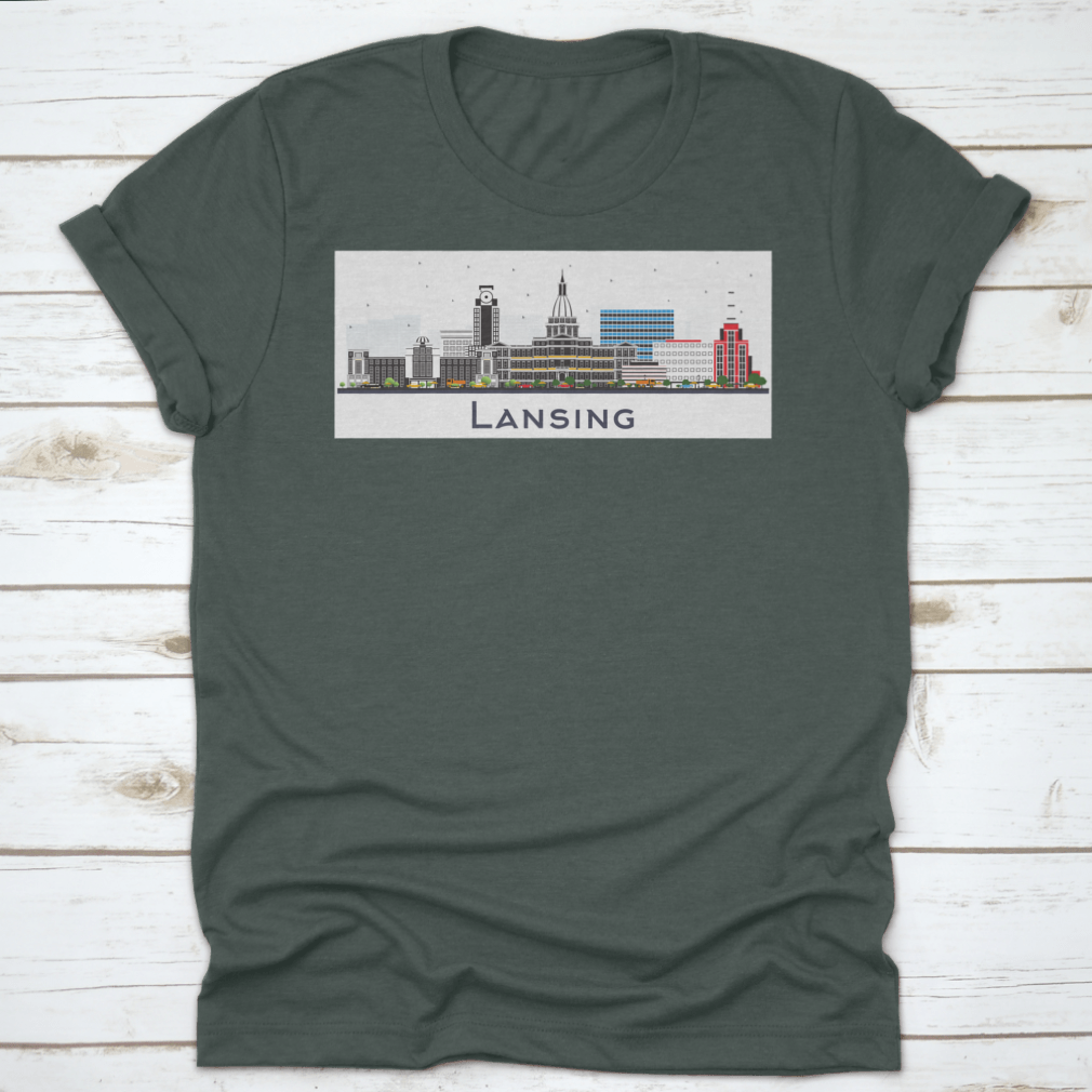 Lansing Michigan City Skyline t-shirt featuring colorful buildings on a white background, showcasing a vibrant city design.
