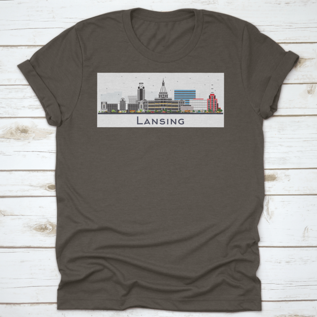 Lansing Michigan City Skyline t-shirt featuring colorful buildings on a white background, showcasing a vibrant city design.