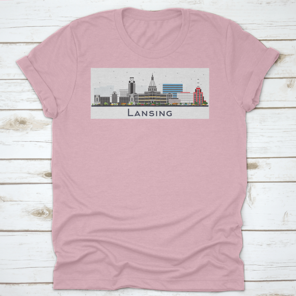 Lansing Michigan City Skyline t-shirt featuring colorful buildings on a white background, showcasing a vibrant city design.