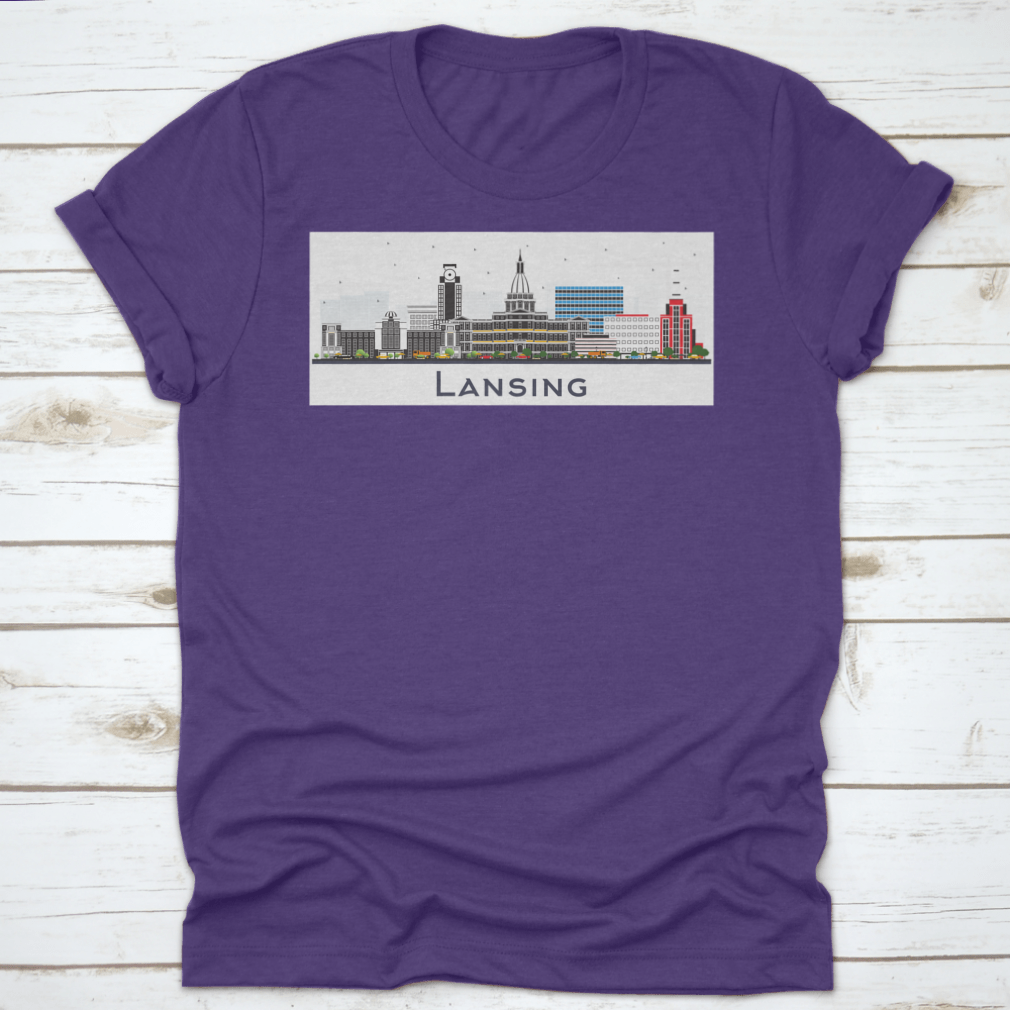 Lansing Michigan City Skyline t-shirt featuring colorful buildings on a white background, showcasing a vibrant city design.