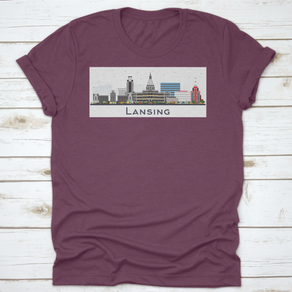 Lansing Michigan City Skyline t-shirt featuring colorful buildings on a white background, showcasing a vibrant city design.