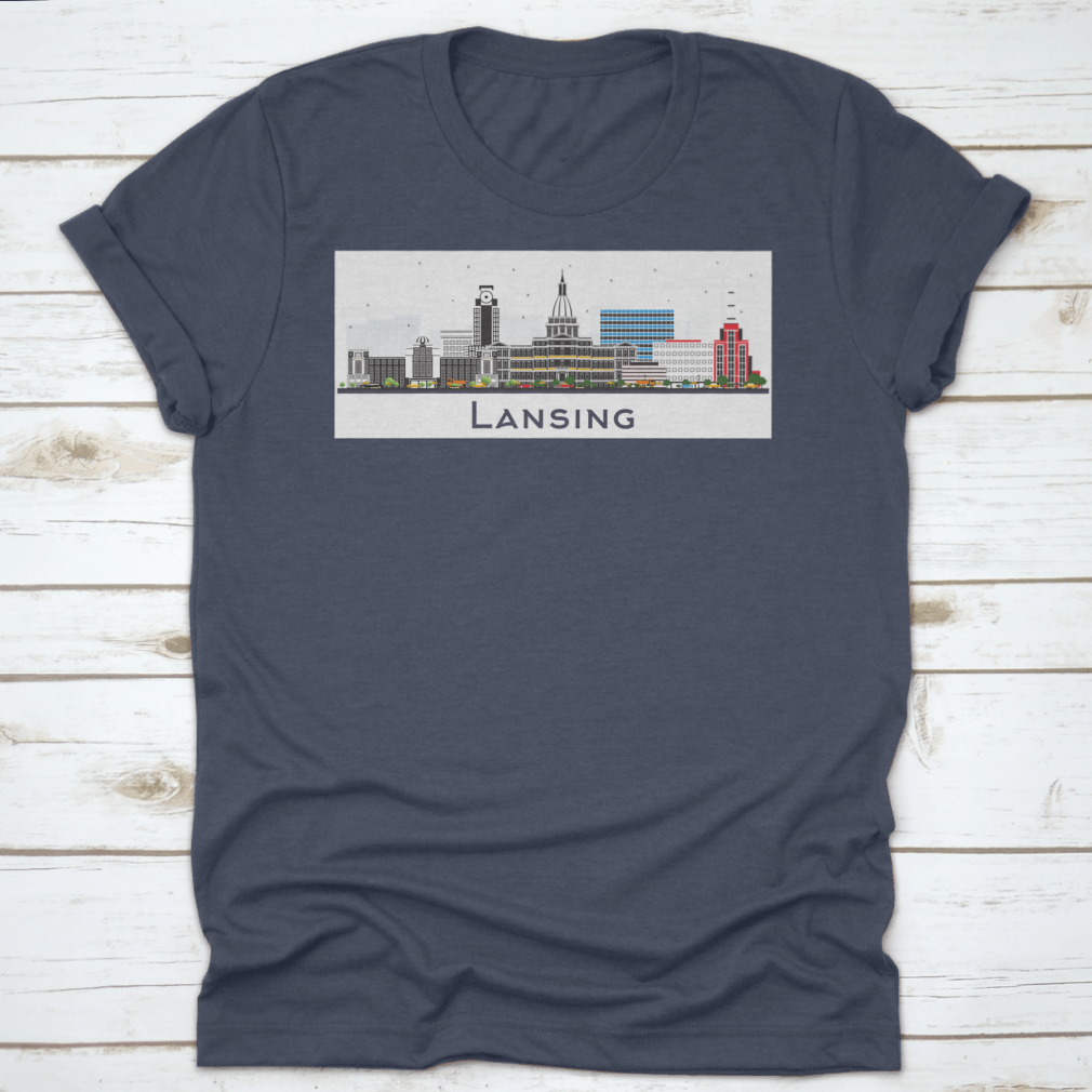 Lansing Michigan City Skyline t-shirt featuring colorful buildings on a white background, showcasing a vibrant city design.
