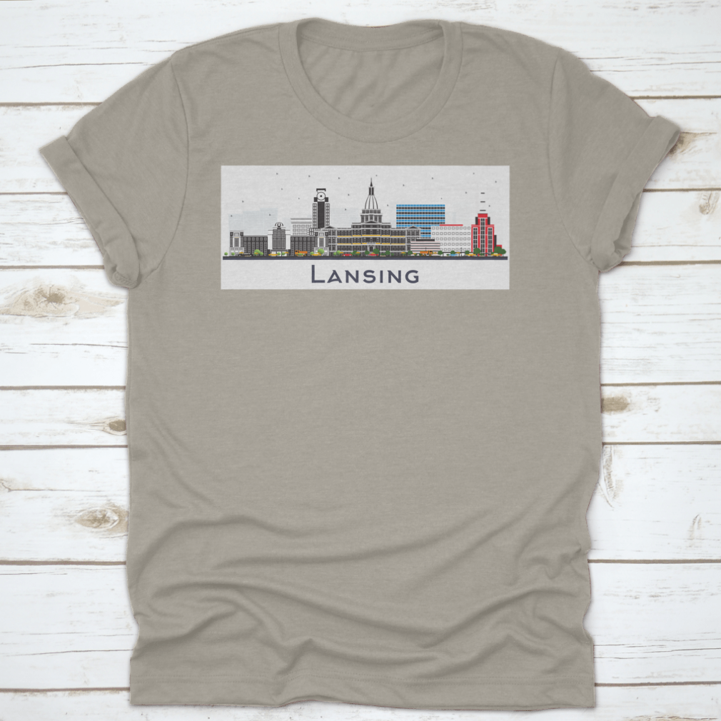 Lansing Michigan City Skyline t-shirt featuring colorful buildings on a white background, showcasing a vibrant city design.