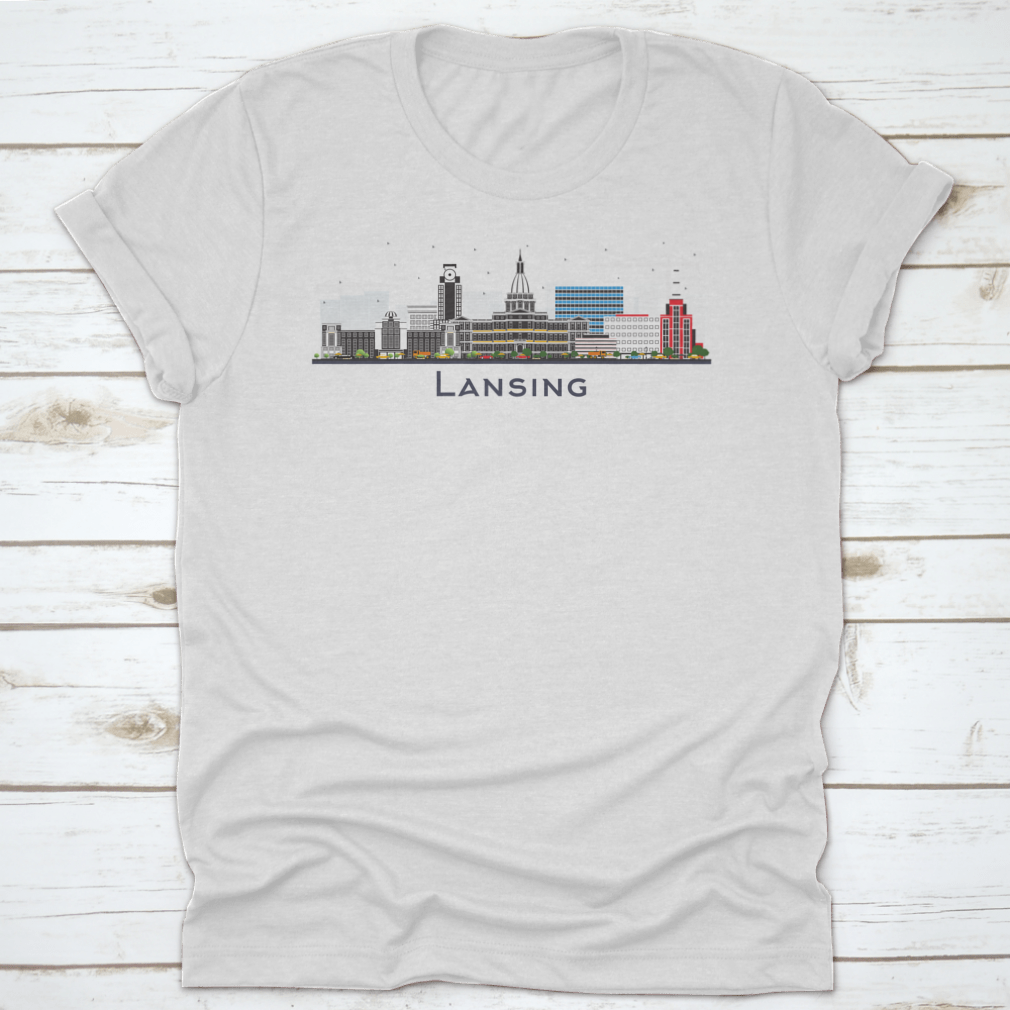 Lansing Michigan City Skyline t-shirt featuring colorful buildings on a white background, showcasing a vibrant city design.