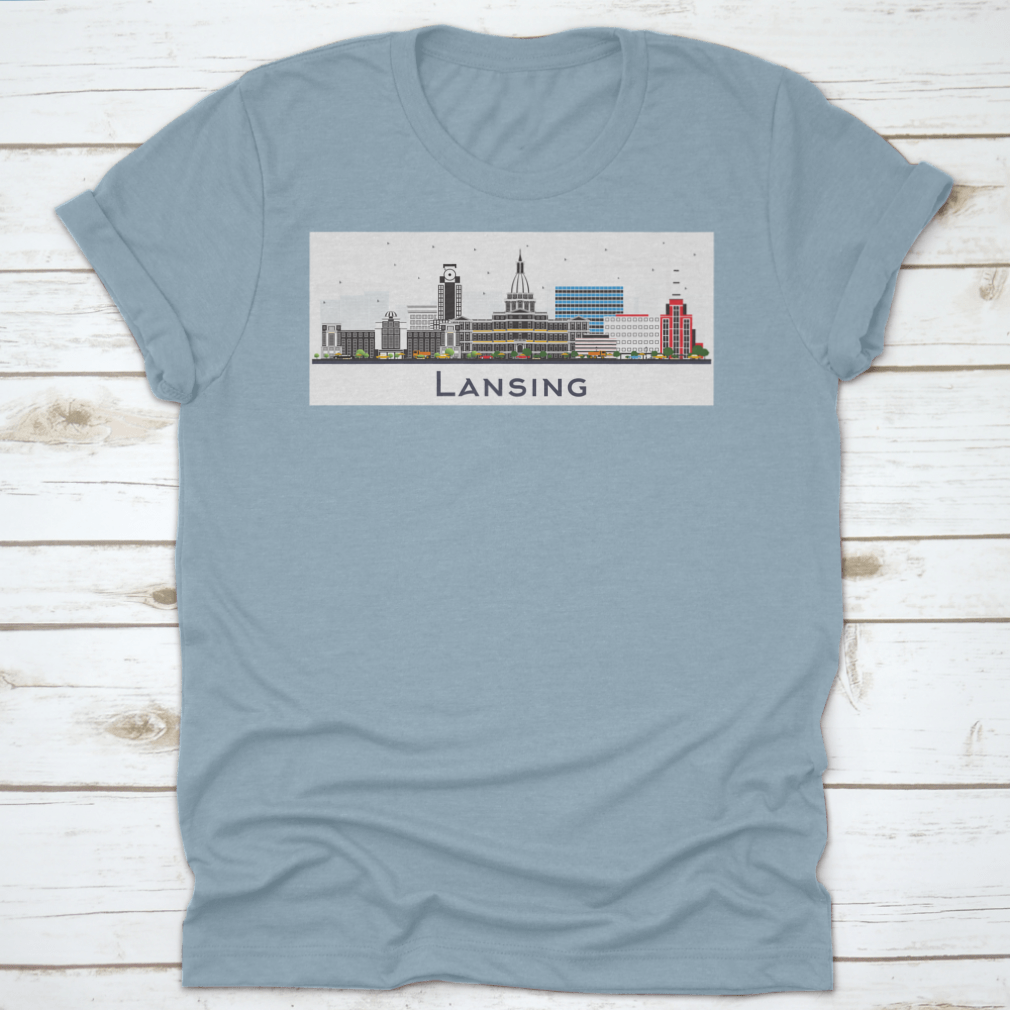 Lansing Michigan City Skyline t-shirt featuring colorful buildings on a white background, showcasing a vibrant city design.