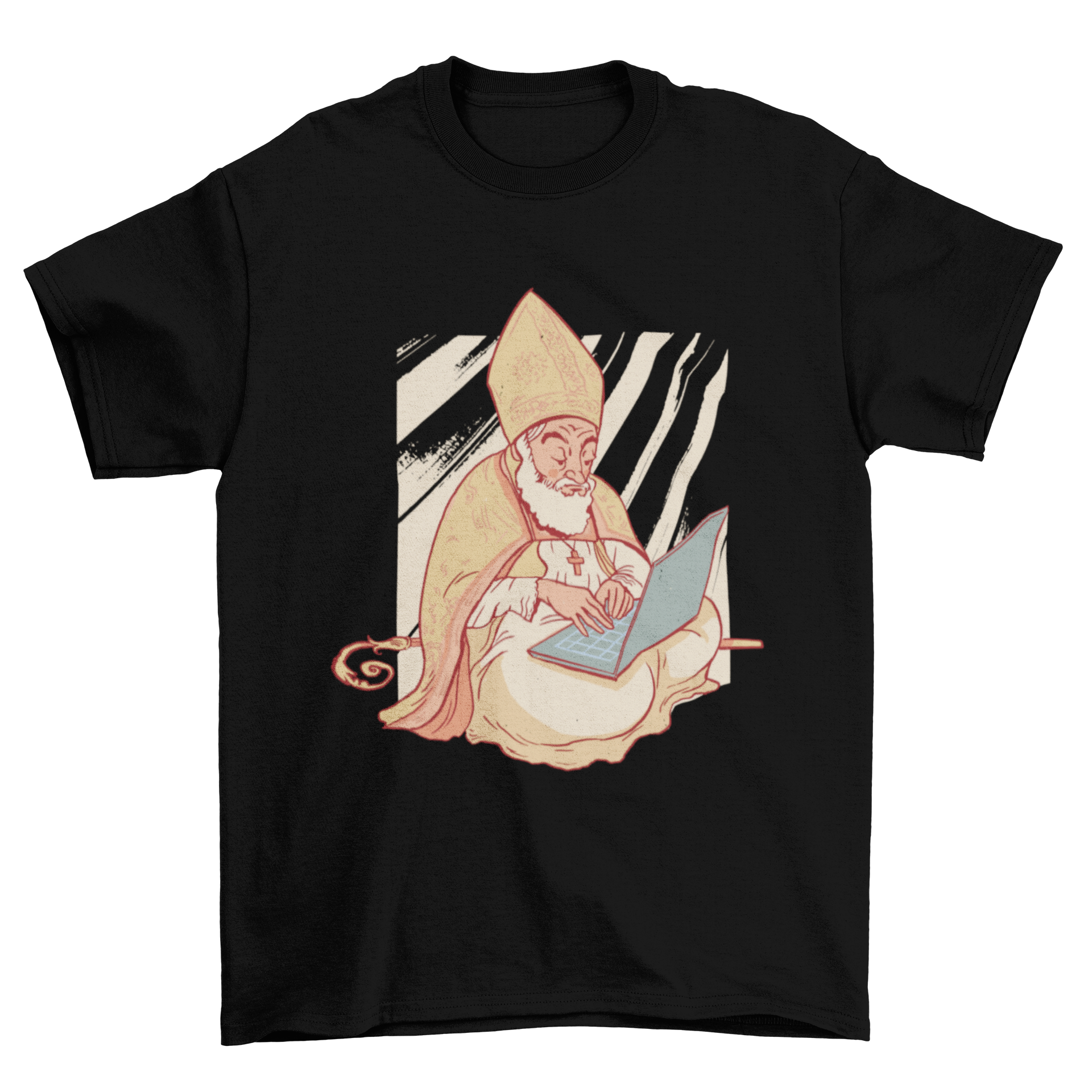 A creative t-shirt design featuring a bishop sitting on the floor, using a laptop, showcasing a blend of tradition and modern technology.