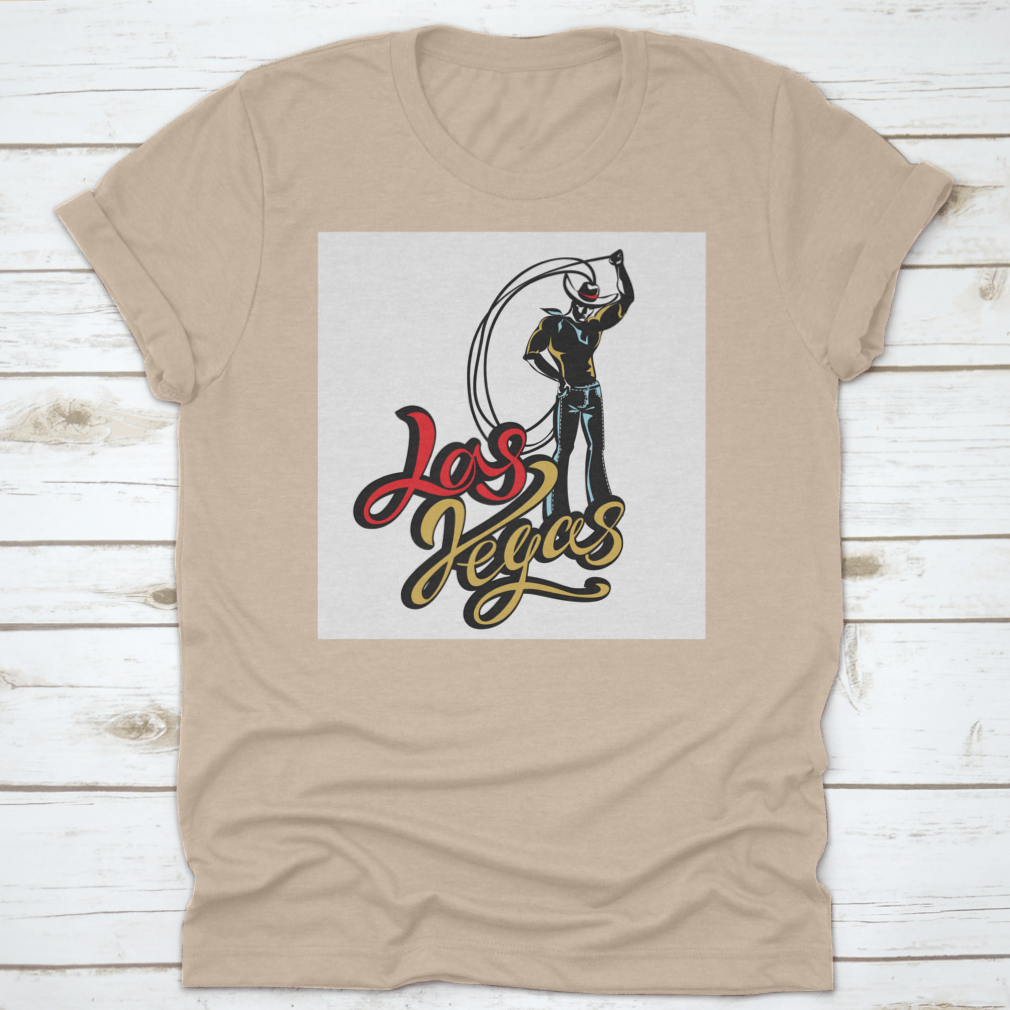 A stylish t-shirt featuring a cowboy with a lasso design, inspired by Las Vegas, showcasing Western retro lettering.