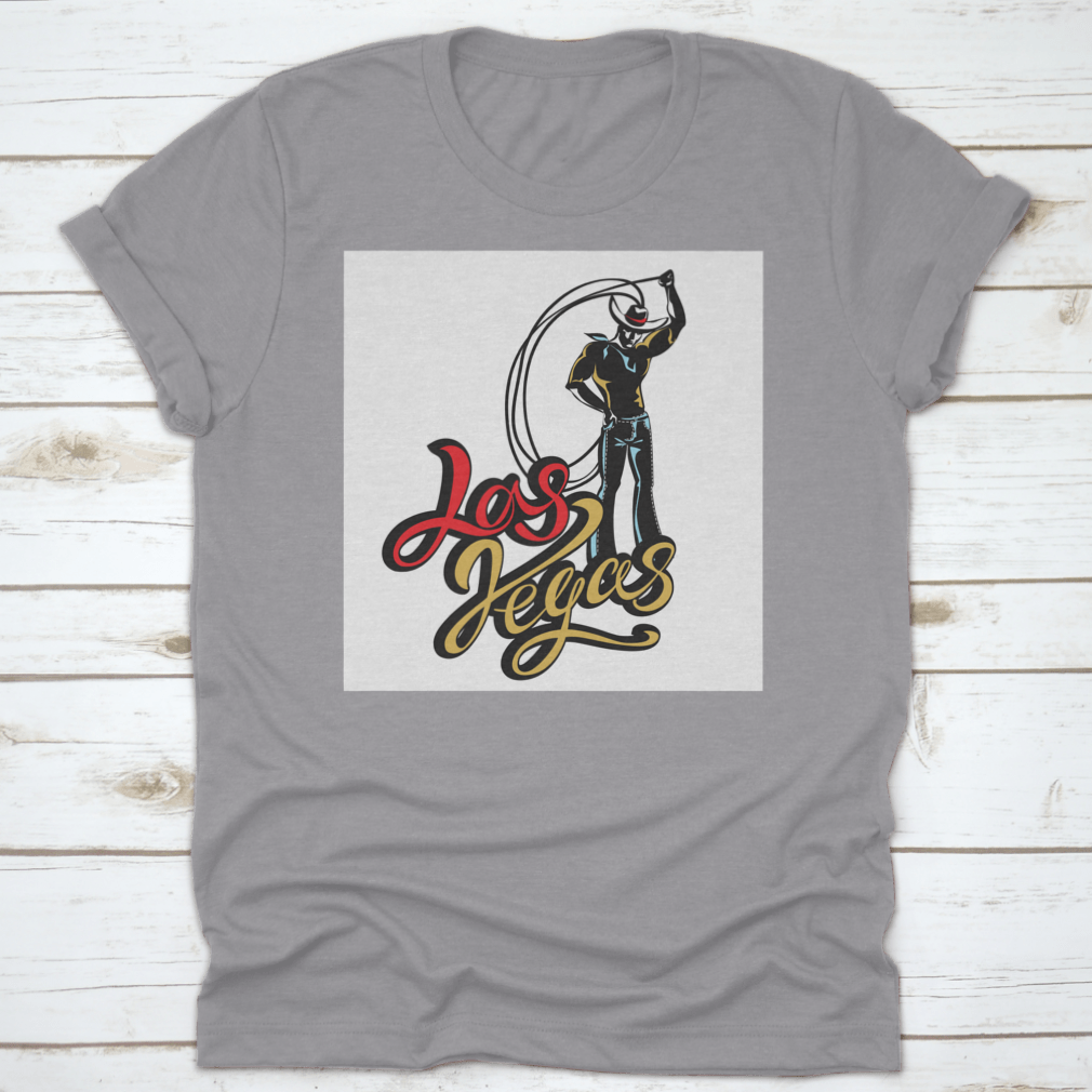 A stylish t-shirt featuring a cowboy with a lasso design, inspired by Las Vegas, showcasing Western retro lettering.