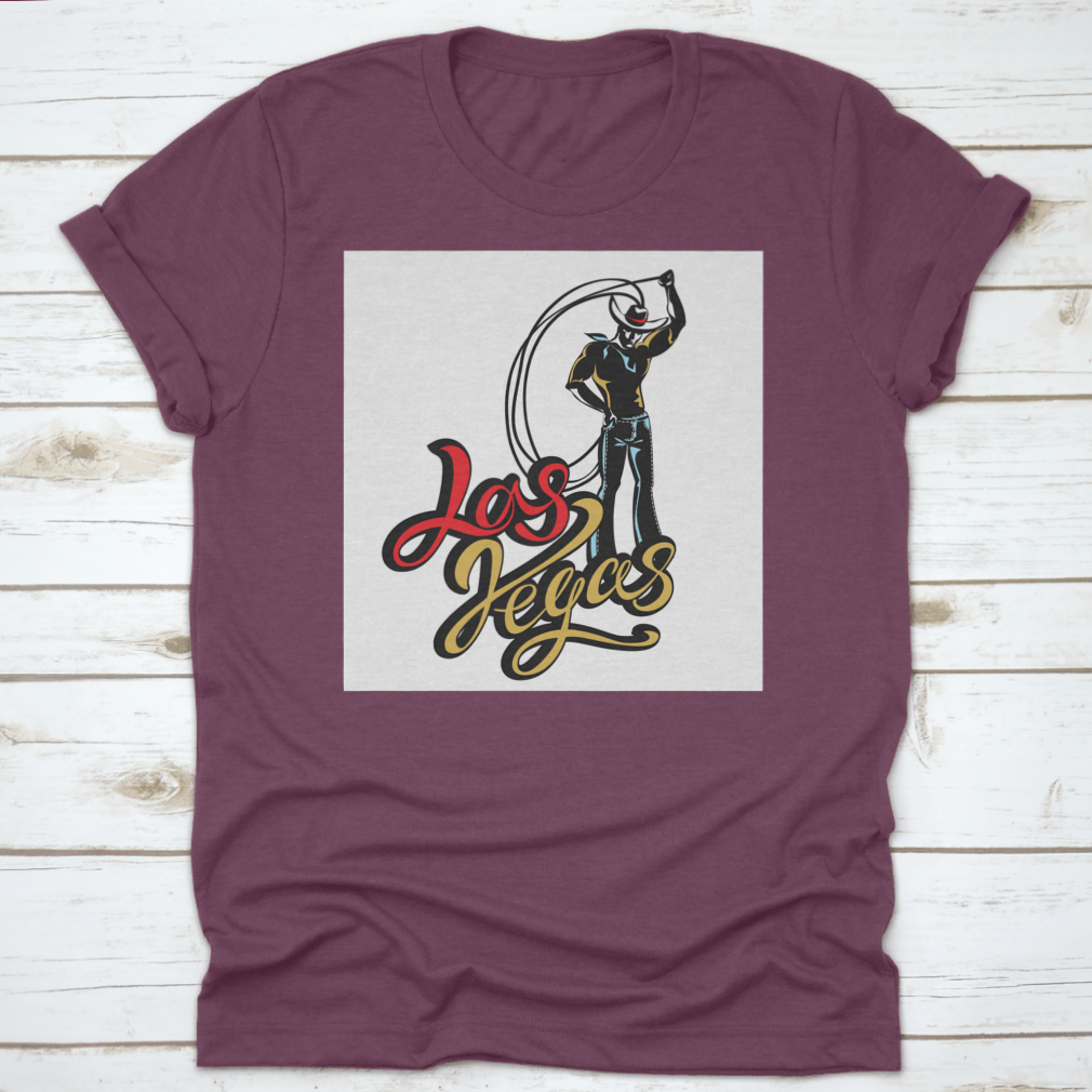 A stylish t-shirt featuring a cowboy with a lasso design, inspired by Las Vegas, showcasing Western retro lettering.
