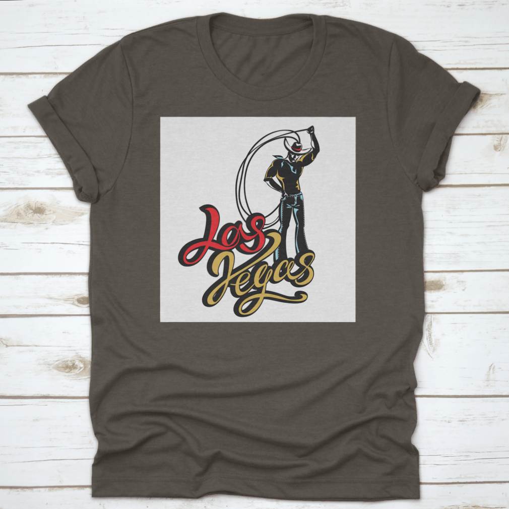 A stylish t-shirt featuring a cowboy with a lasso design, inspired by Las Vegas, showcasing Western retro lettering.