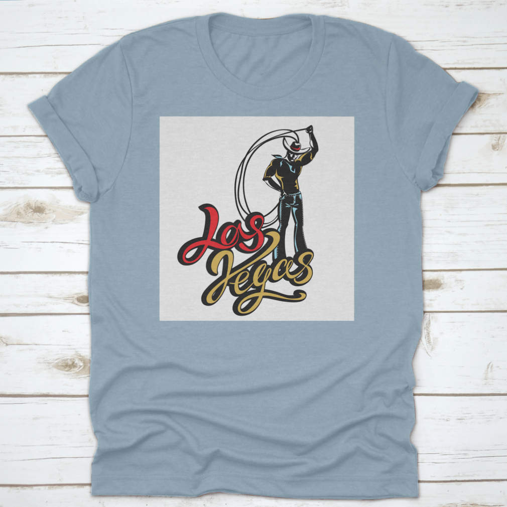 A stylish t-shirt featuring a cowboy with a lasso design, inspired by Las Vegas, showcasing Western retro lettering.