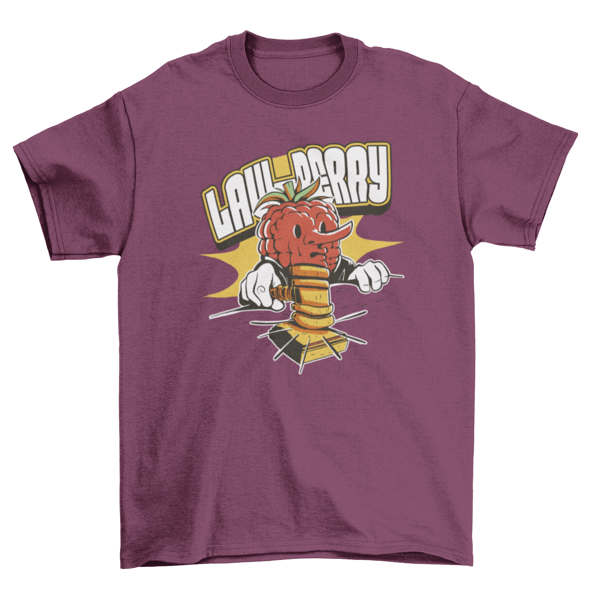 A humorous t-shirt featuring a berry character dressed as a judge with the quote 'Law-berry'.