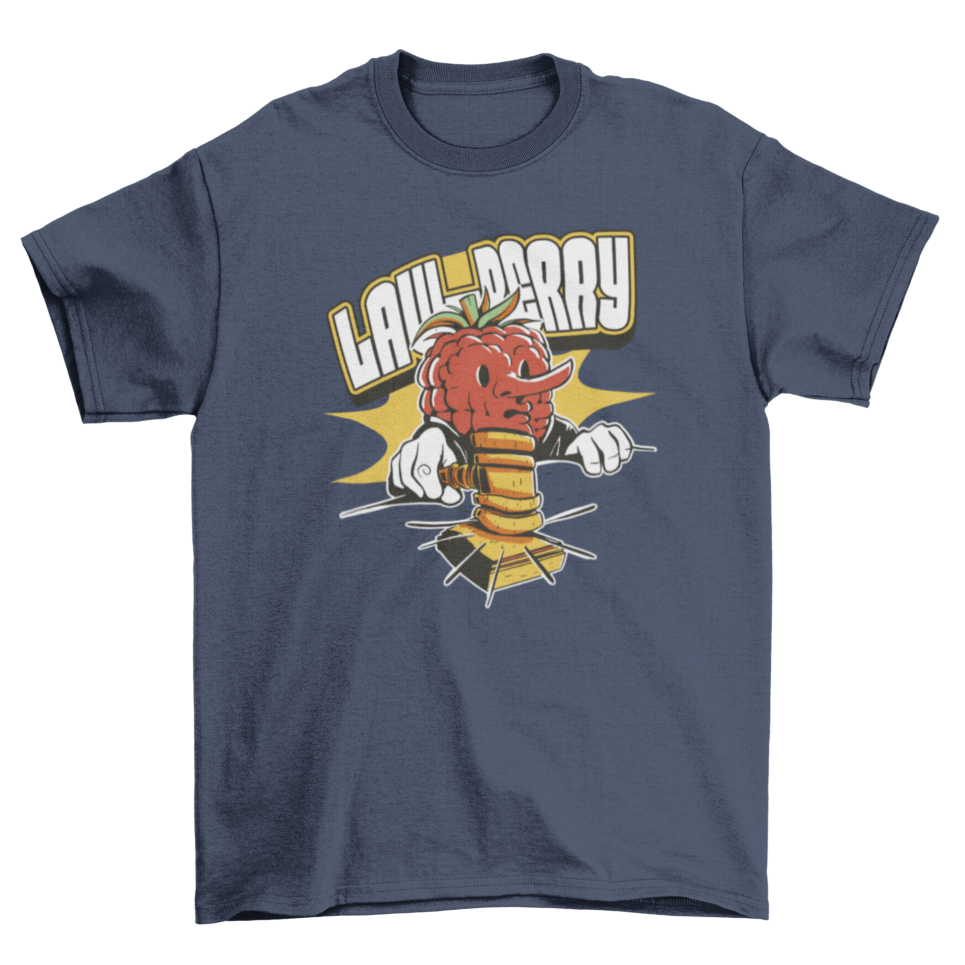 A humorous t-shirt featuring a berry character dressed as a judge with the quote 'Law-berry'.