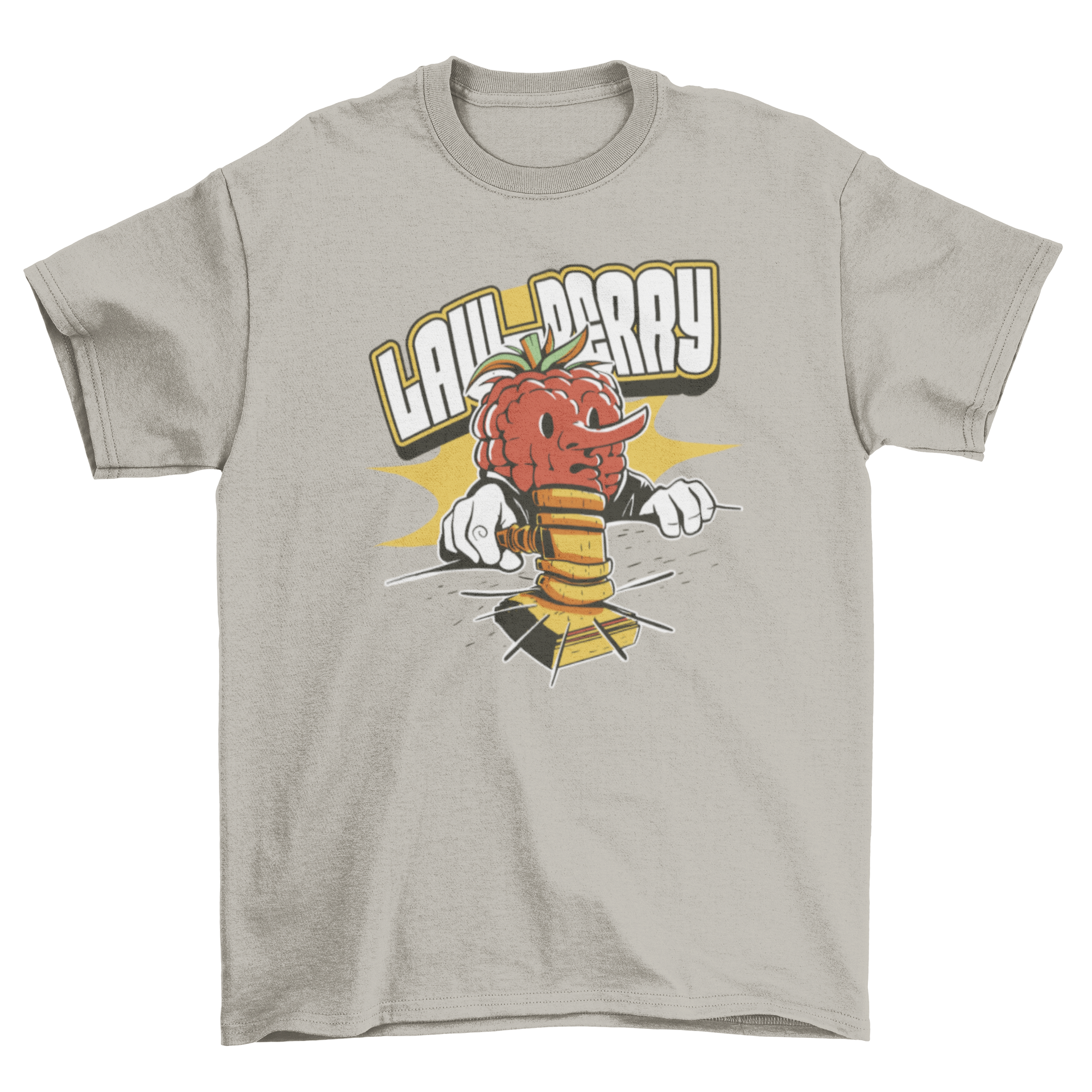 A humorous t-shirt featuring a berry character dressed as a judge with the quote 'Law-berry'.