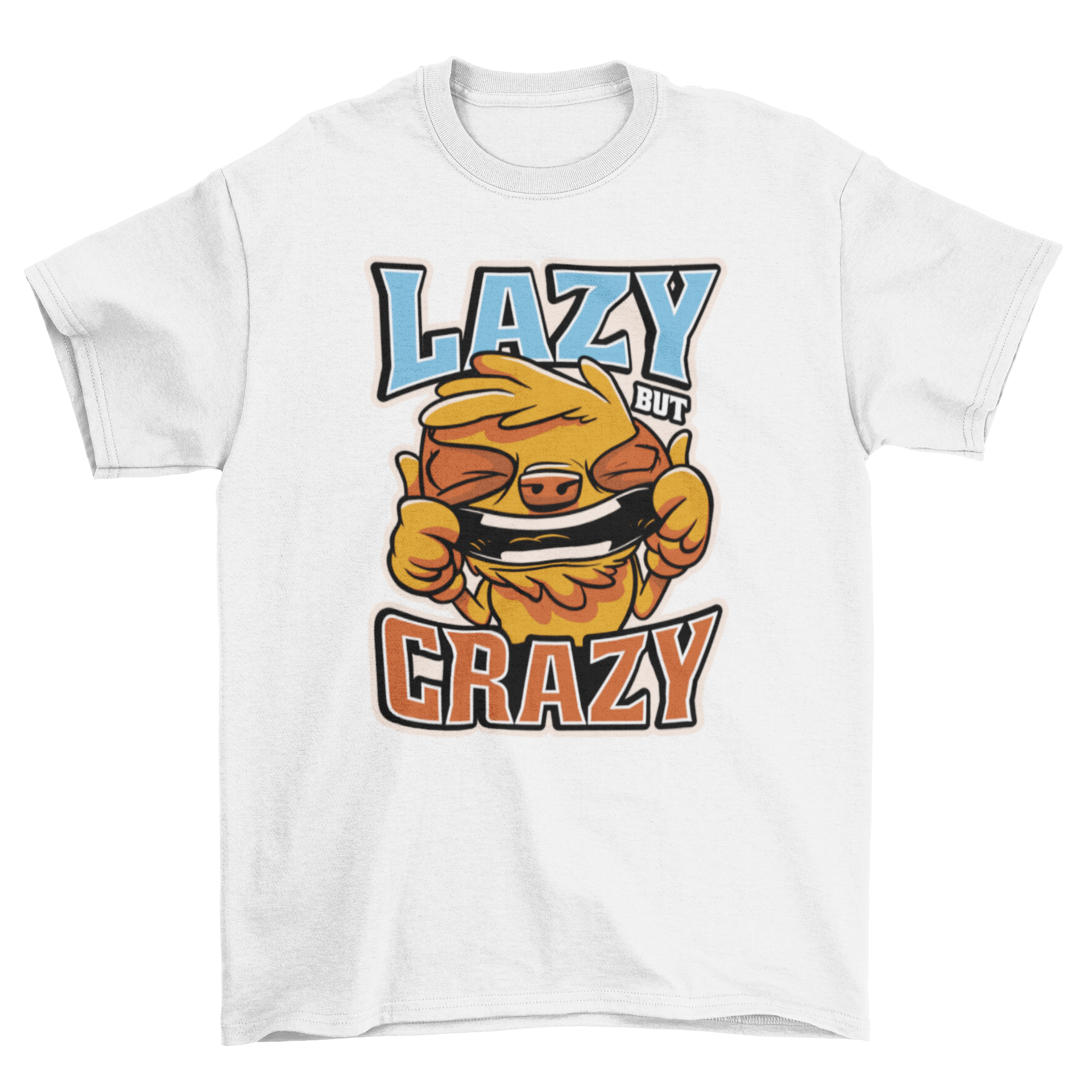 A colorful cartoon-style t-shirt featuring a laughing sloth with the quote 'Lazy but Crazy', perfect for animal lovers.