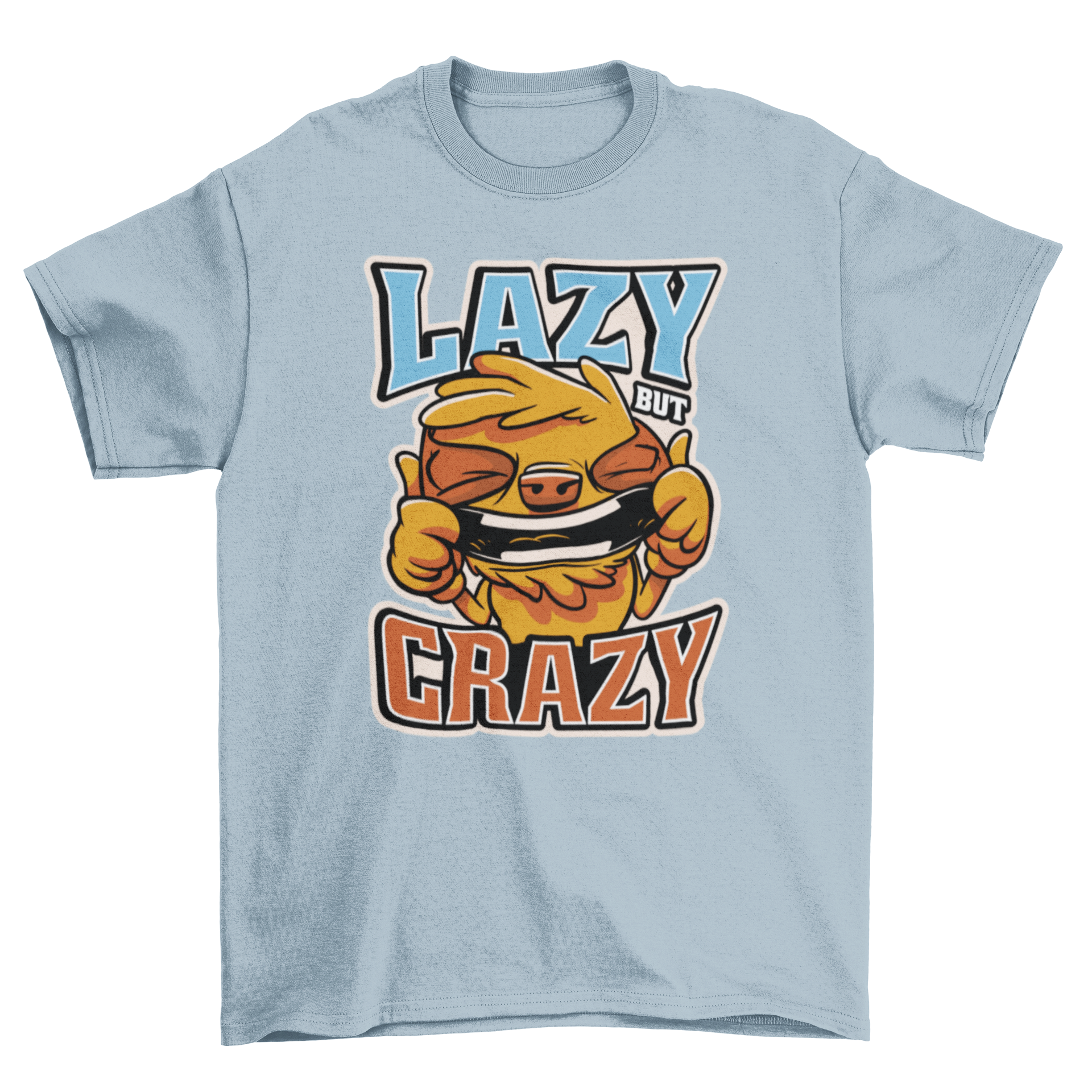 A colorful cartoon-style t-shirt featuring a laughing sloth with the quote 'Lazy but Crazy', perfect for animal lovers.