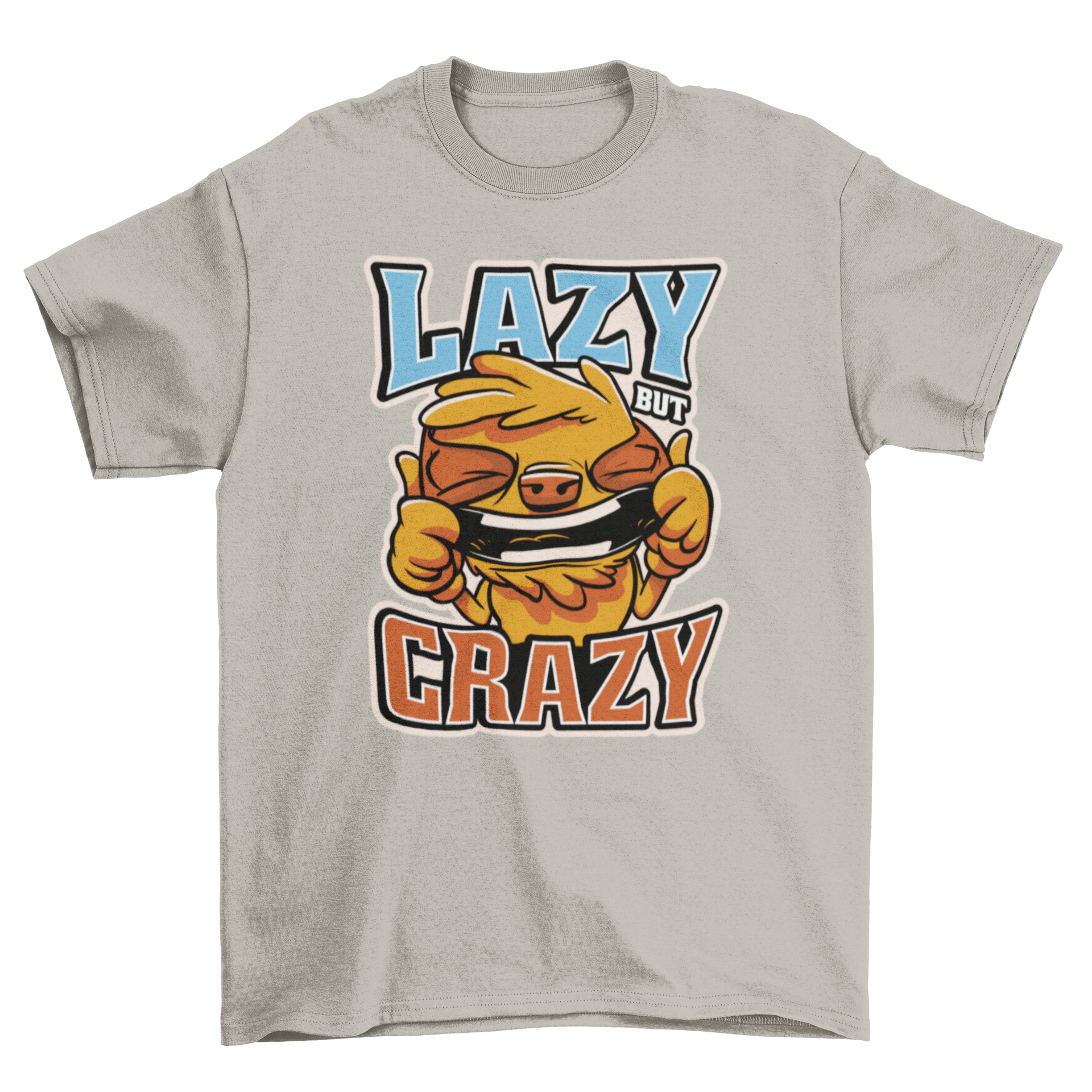 A colorful cartoon-style t-shirt featuring a laughing sloth with the quote 'Lazy but Crazy', perfect for animal lovers.
