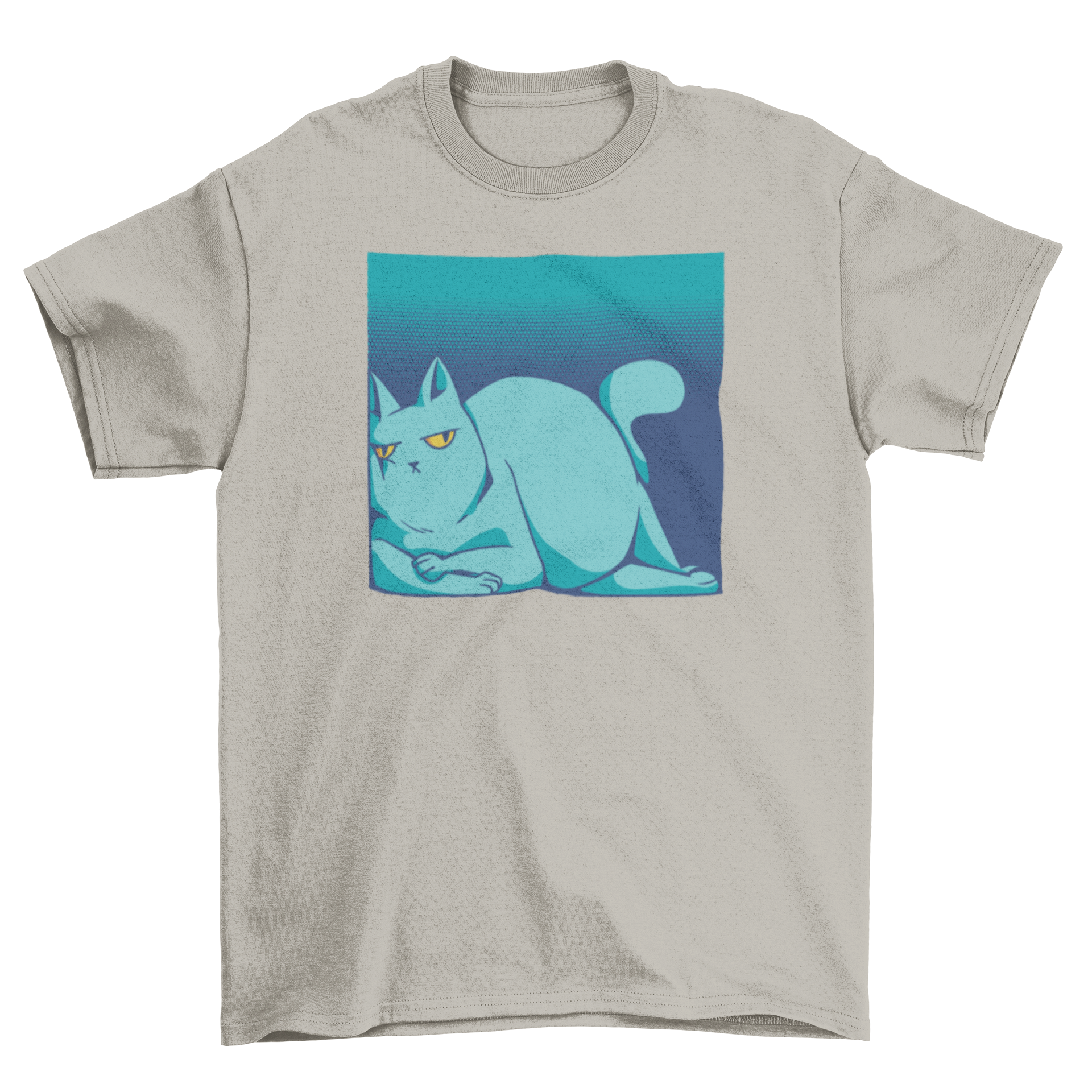 A humorous t-shirt design featuring a large lazy cat comfortably lying in a narrow space, showcasing its playful and quirky style.