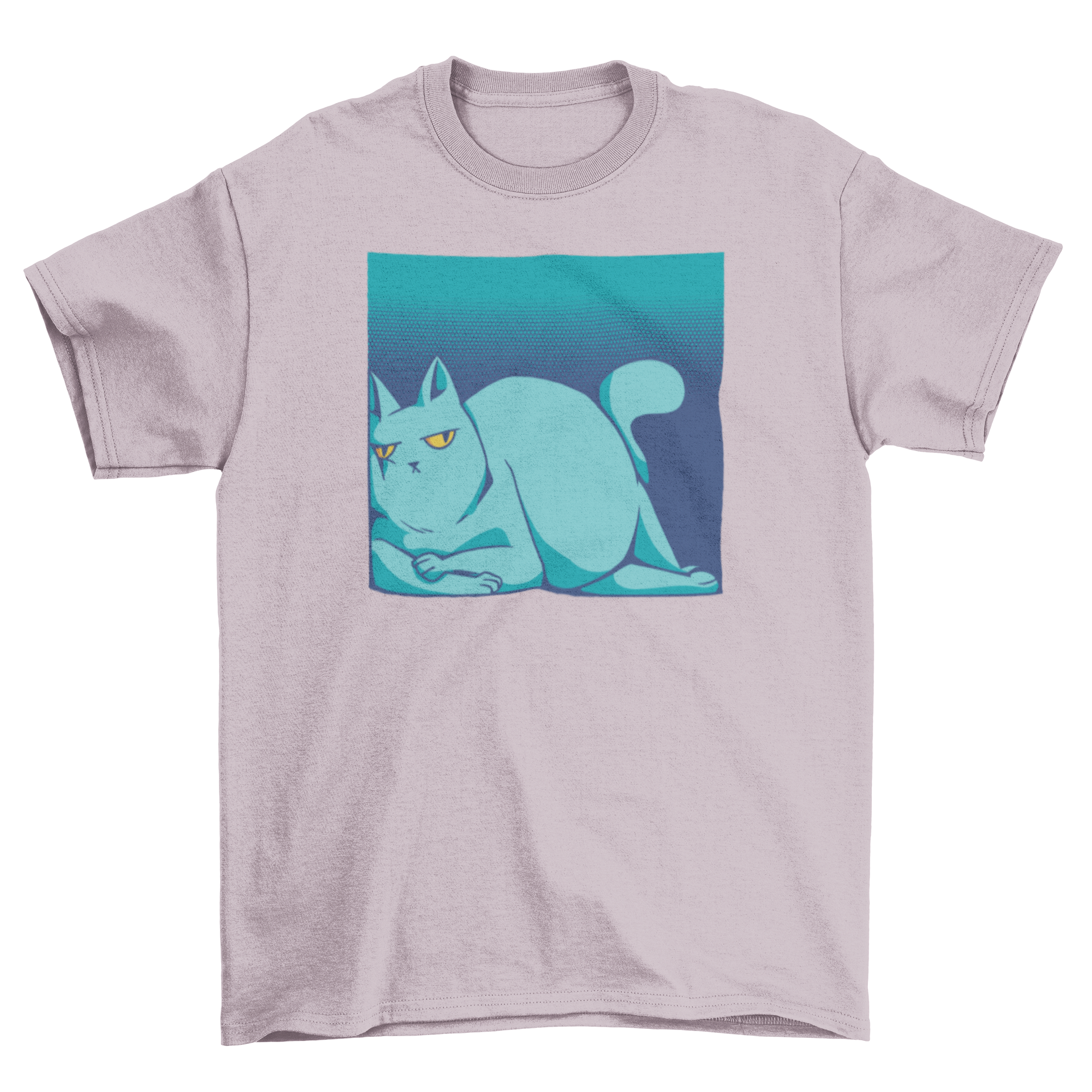 A humorous t-shirt design featuring a large lazy cat comfortably lying in a narrow space, showcasing its playful and quirky style.