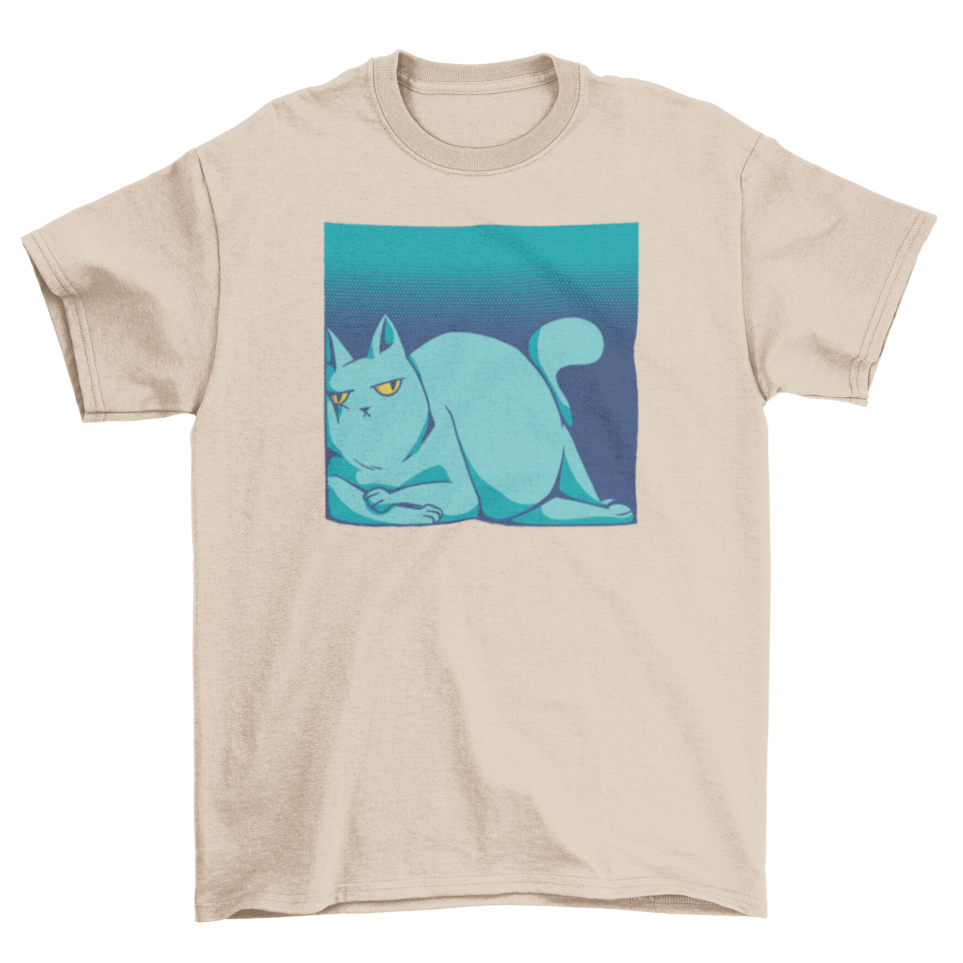 A humorous t-shirt design featuring a large lazy cat comfortably lying in a narrow space, showcasing its playful and quirky style.