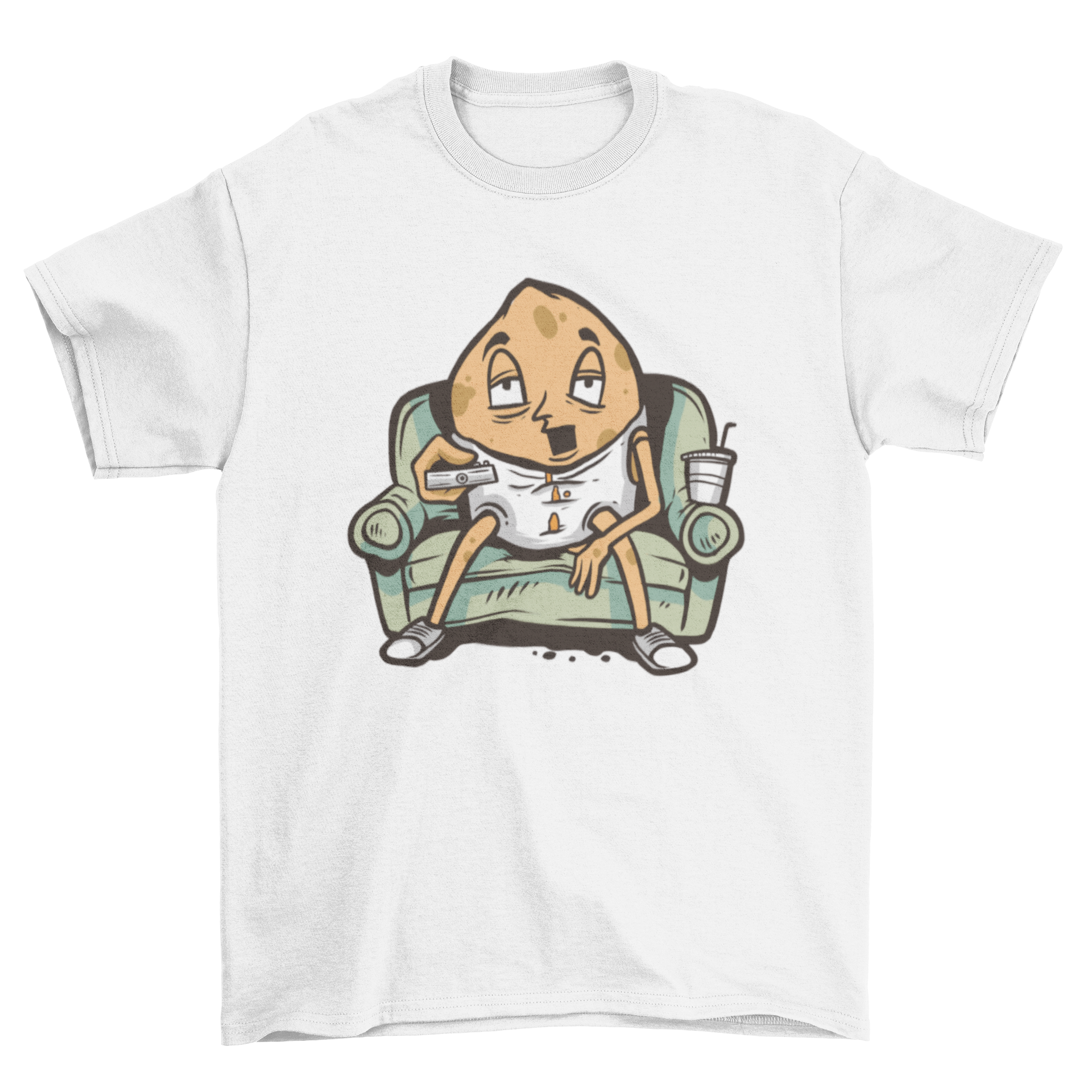 A humorous t-shirt featuring a lazy potato character lounging on a couch, surrounded by junk food and a TV.