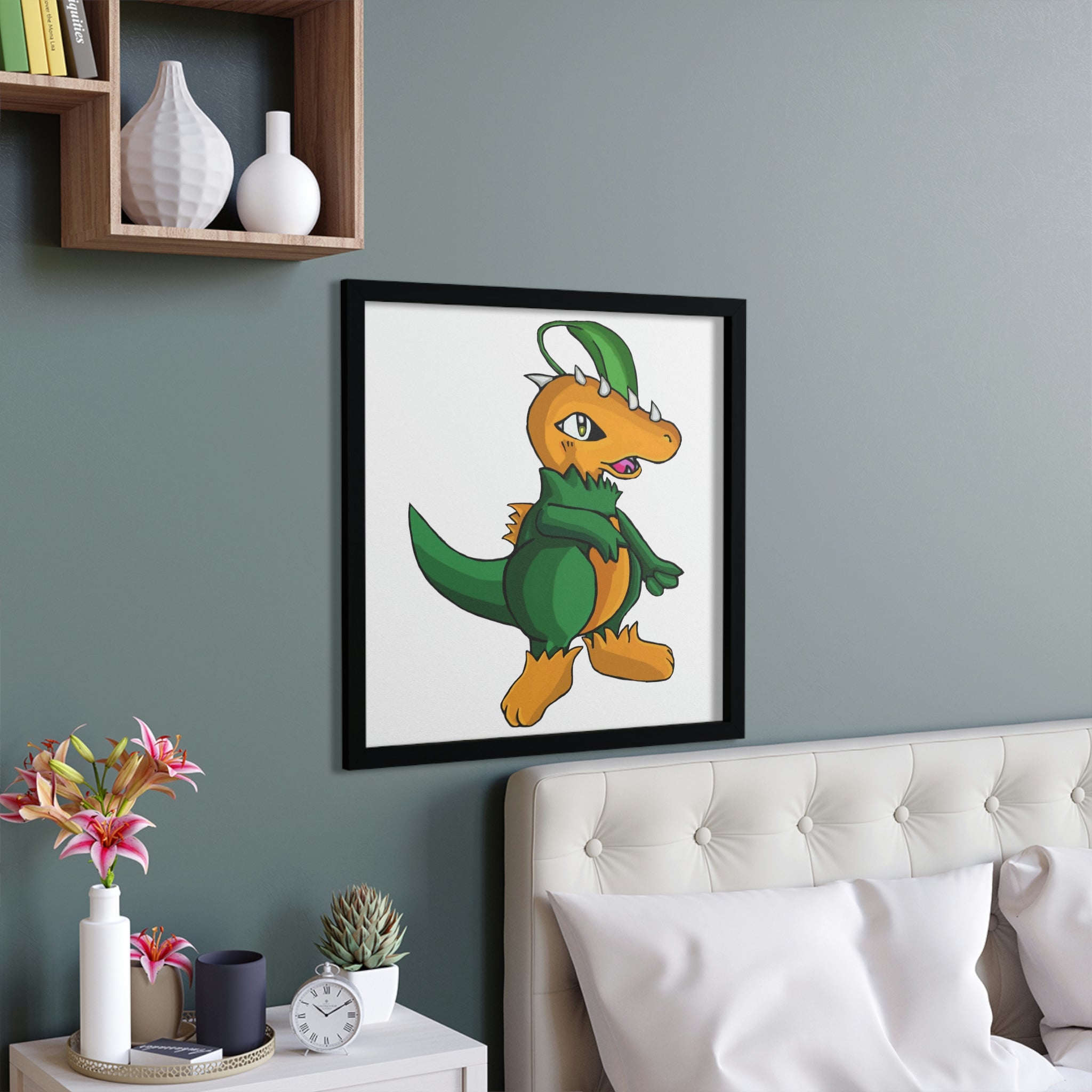 Leafasaur Framed Poster with a hand-crafted wooden frame, showcasing vibrant colors and intricate designs, perfect for home decor.