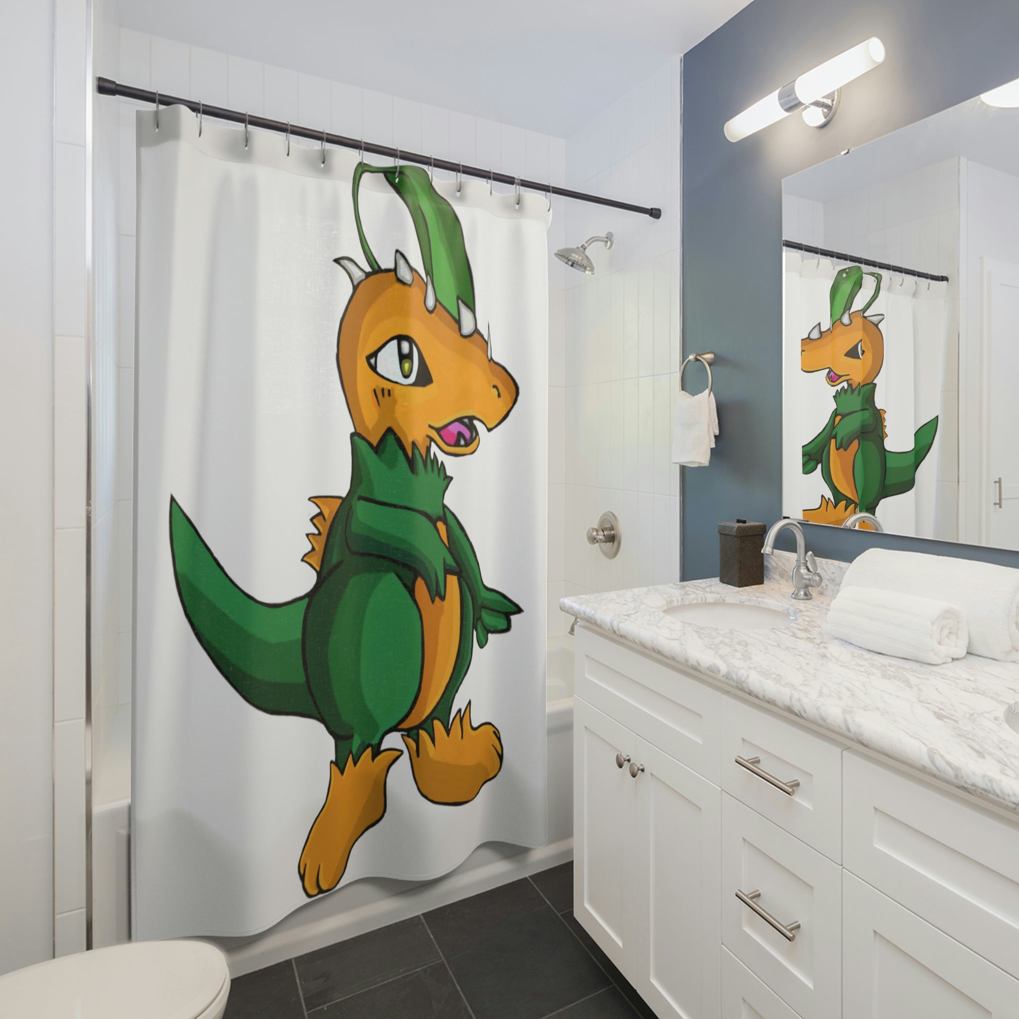 Leafasaur Shower Curtain featuring vibrant custom designs on durable polyester fabric.