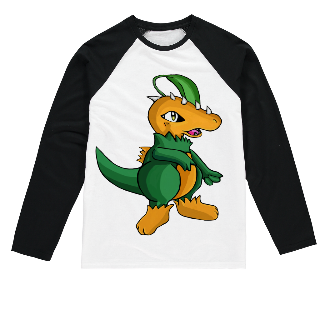 Leafasaur Sublimation Baseball Long Sleeve T-Shirt featuring long sleeves, crew neck, and mixed fabric design for sublimation printing.