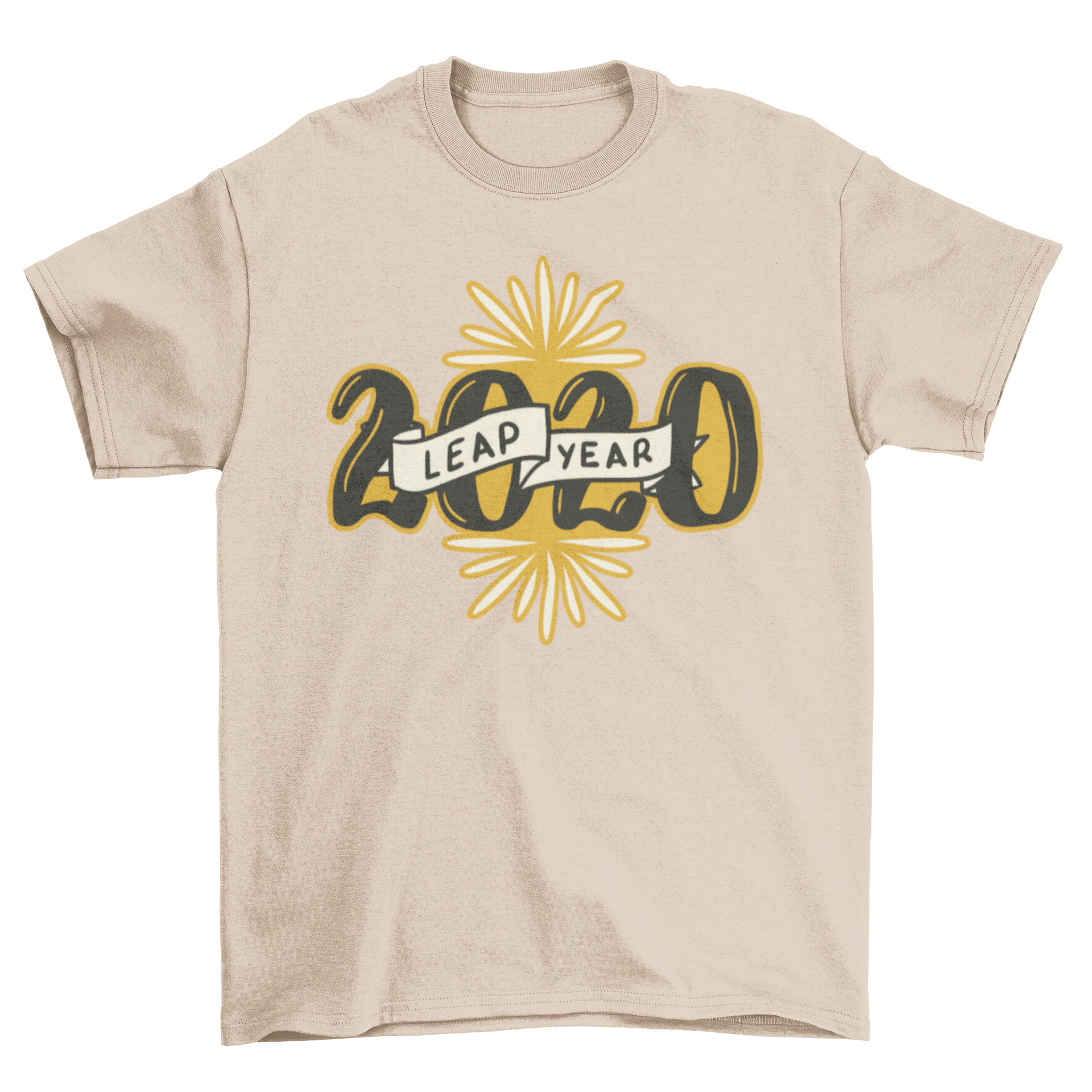 Leap Year 2020 t-shirt design featuring yellow fireworks and the caption '2020 Leap Year'.