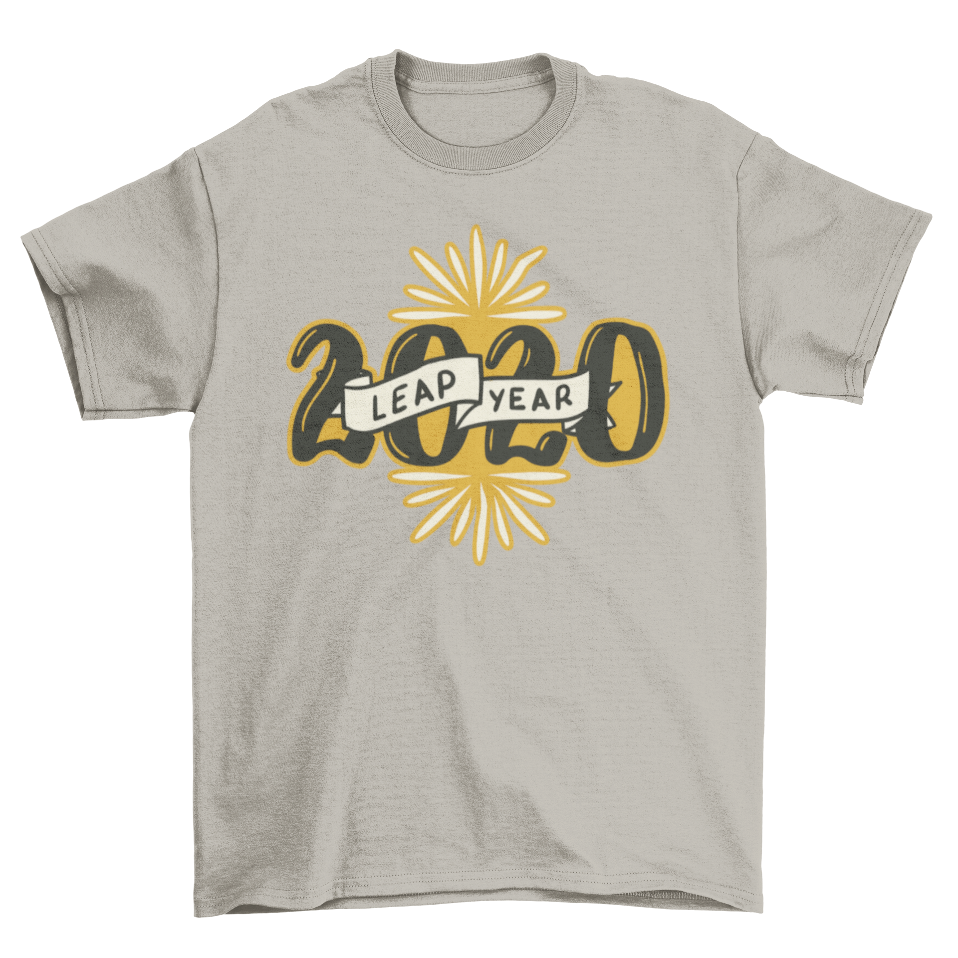Leap Year 2020 t-shirt design featuring yellow fireworks and the caption '2020 Leap Year'.