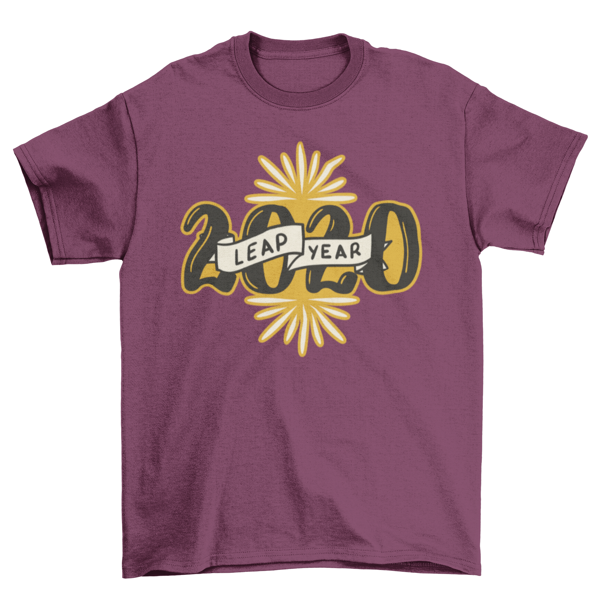 Leap Year 2020 t-shirt design featuring yellow fireworks and the caption '2020 Leap Year'.