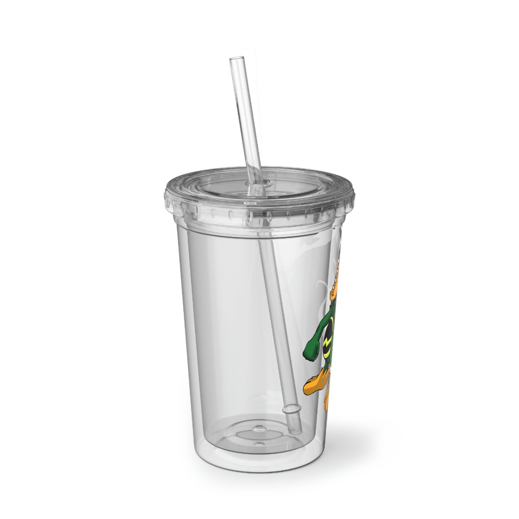 Ledino Suave Acrylic Cup in stainless steel with a black screw-on cap and plastic straw, showcasing a customizable design.