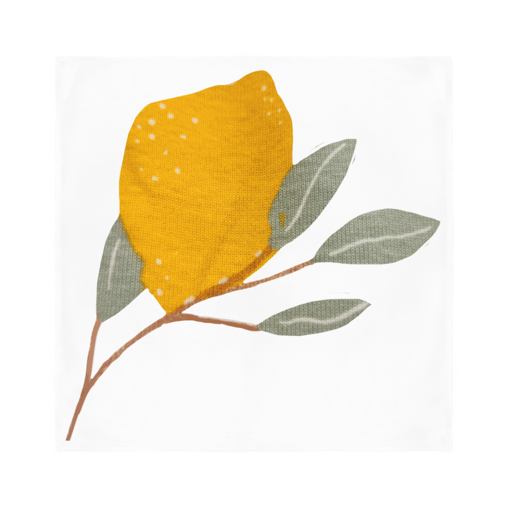 Lemon and Leaves Sublimation Bandana, a square scarf featuring a vibrant lemon and leaves design, made from super soft polyester.