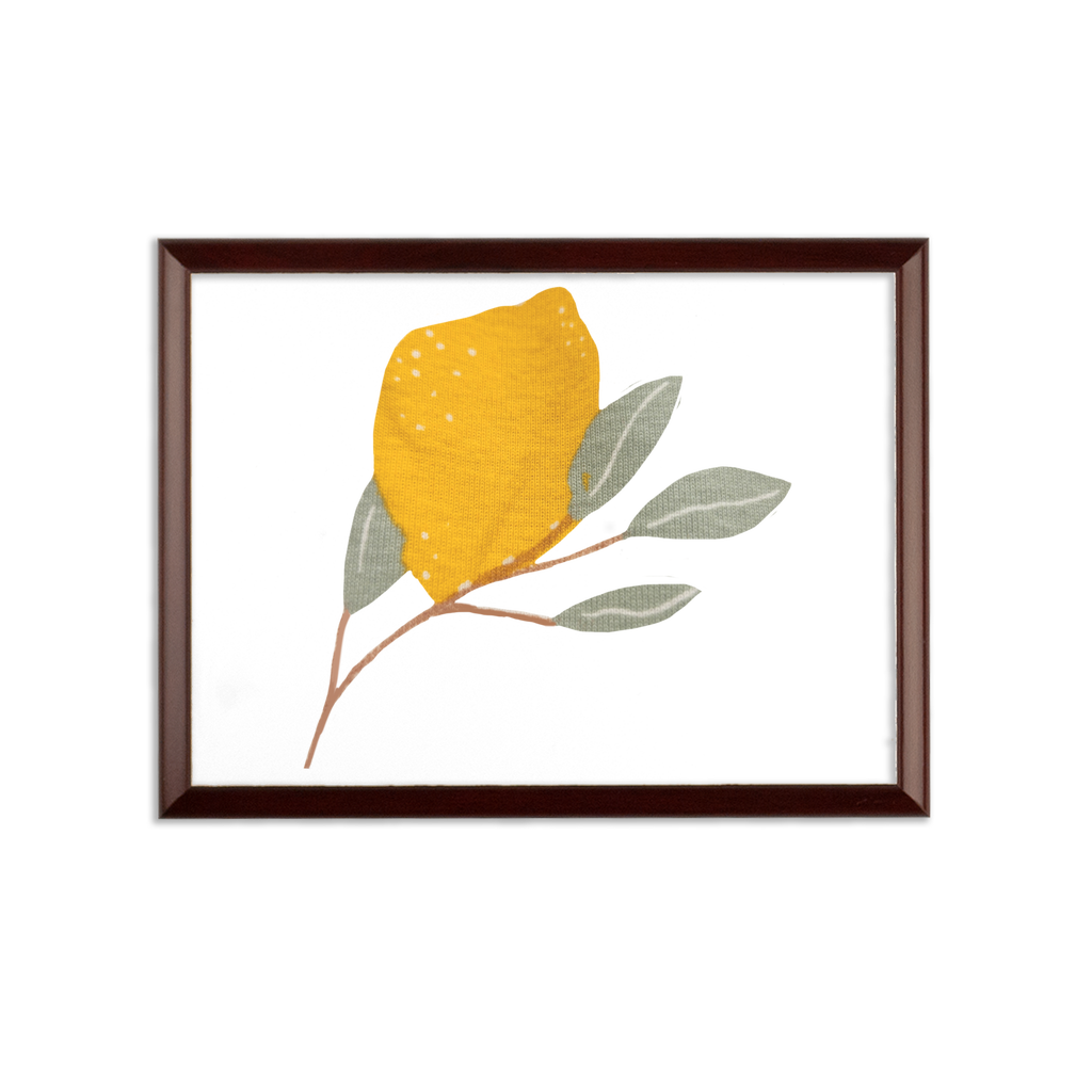 Lemon and Leaves Sublimation Wall Plaque with brown wooden frame and white printable surface, showcasing vibrant colors and elegant design.