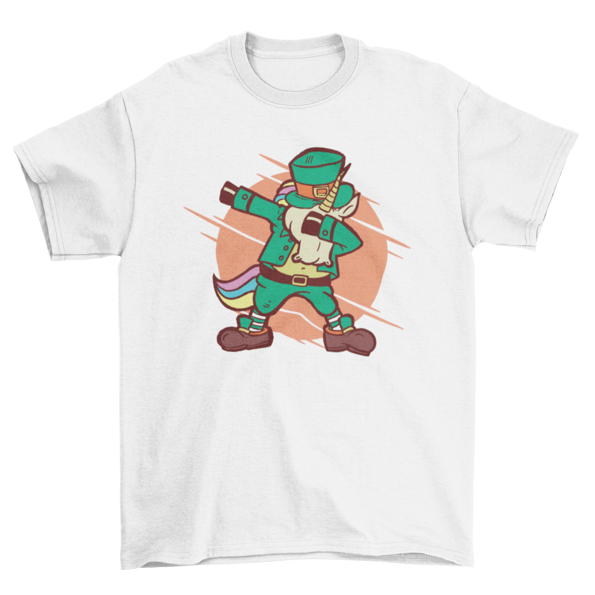 A colorful t-shirt featuring a dabbing unicorn in leprechaun attire, perfect for St. Patrick's Day celebrations.