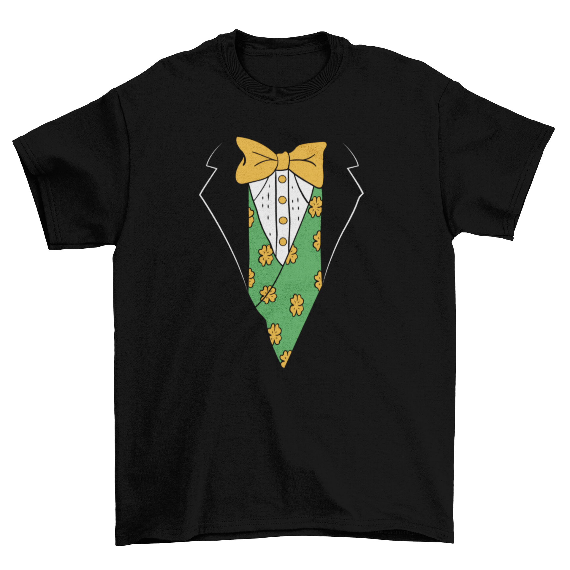 Leprechaun jacket costume t-shirt featuring a colorful design with shamrocks and a bowtie, perfect for St. Patrick's Day.