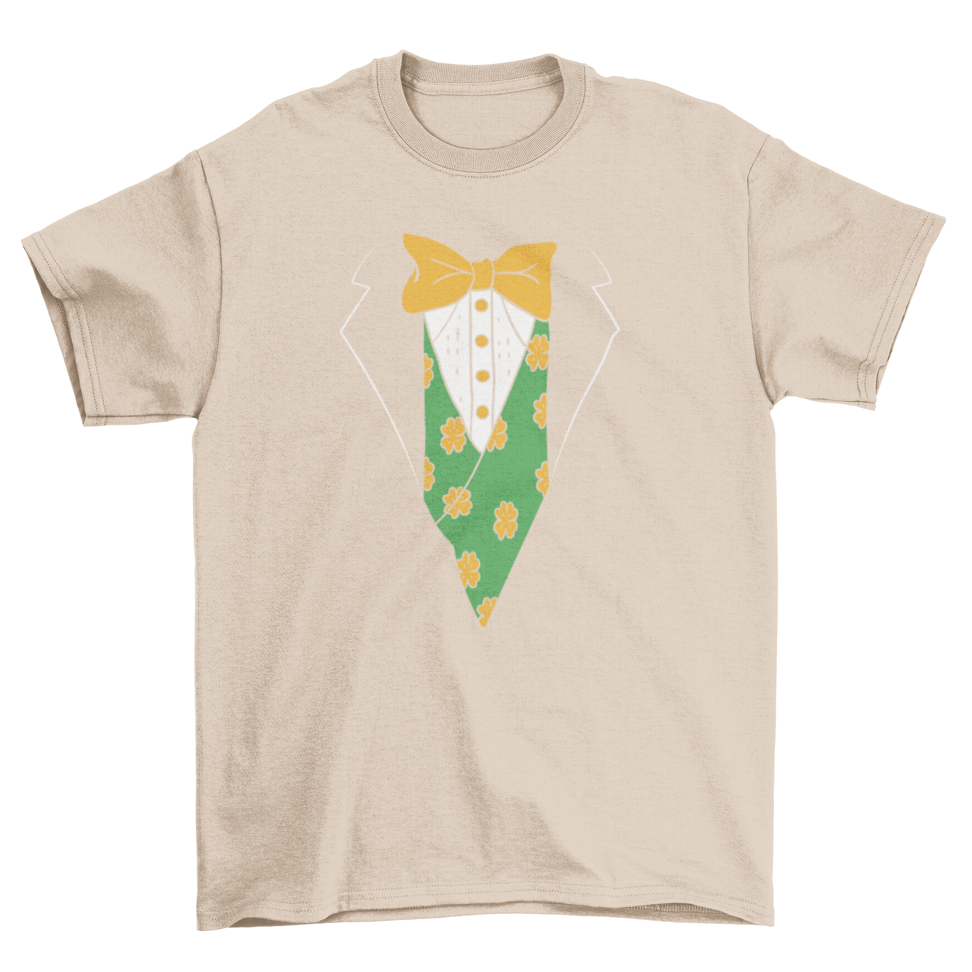 Leprechaun jacket costume t-shirt featuring a colorful design with shamrocks and a bowtie, perfect for St. Patrick's Day.