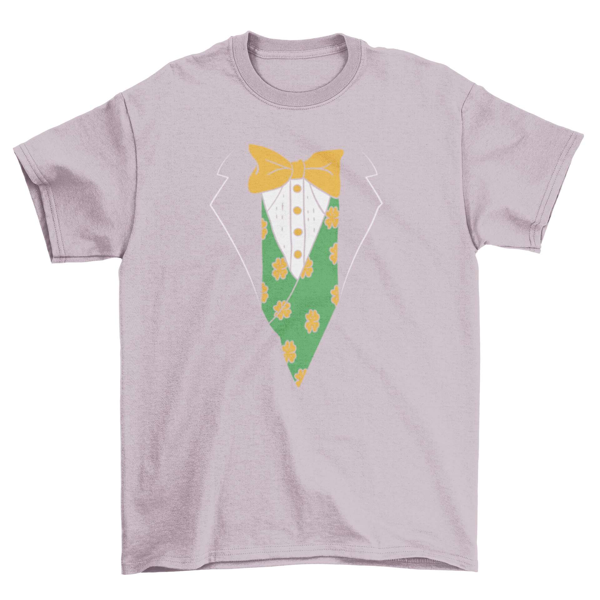 Leprechaun jacket costume t-shirt featuring a colorful design with shamrocks and a bowtie, perfect for St. Patrick's Day.