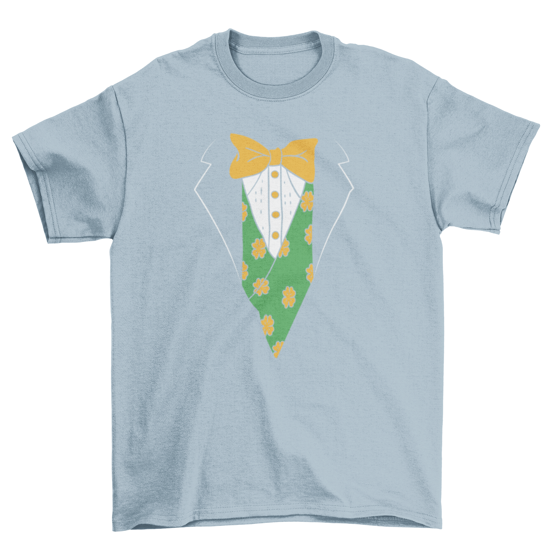 Leprechaun jacket costume t-shirt featuring a colorful design with shamrocks and a bowtie, perfect for St. Patrick's Day.