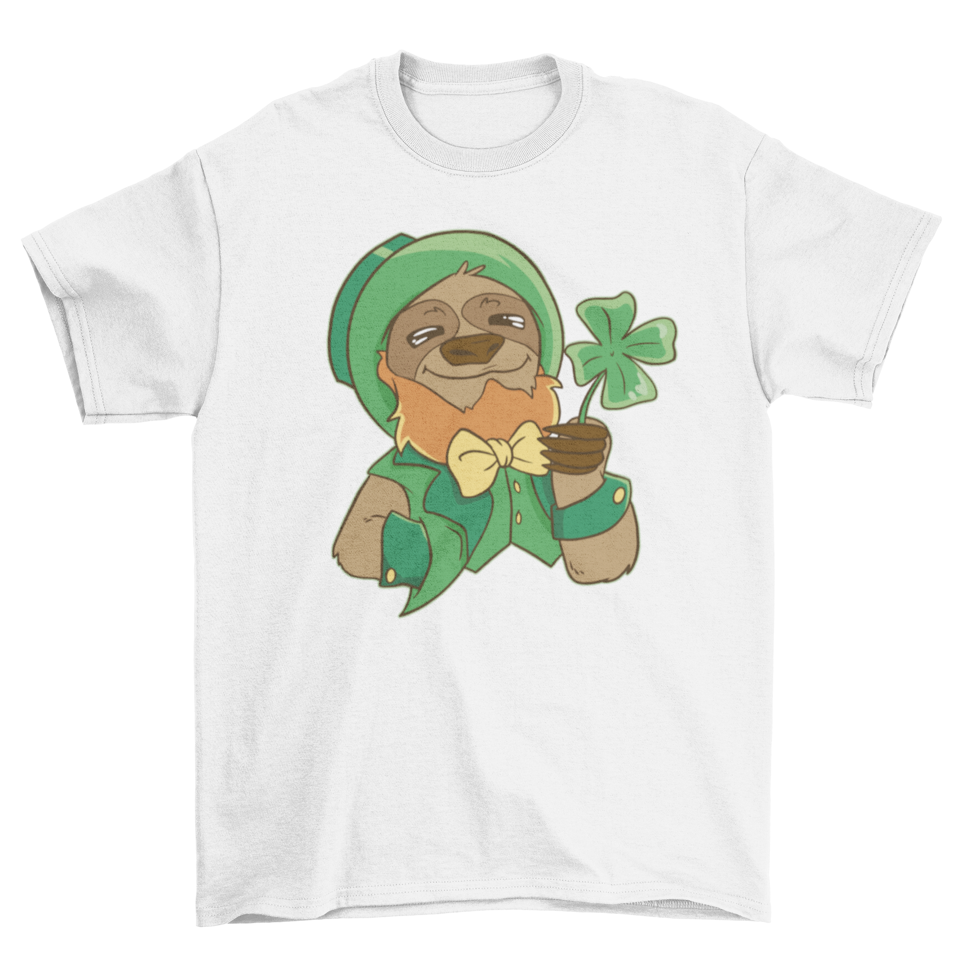 A playful t-shirt featuring a sloth dressed as a leprechaun holding a clover, perfect for St. Patrick's Day celebrations.