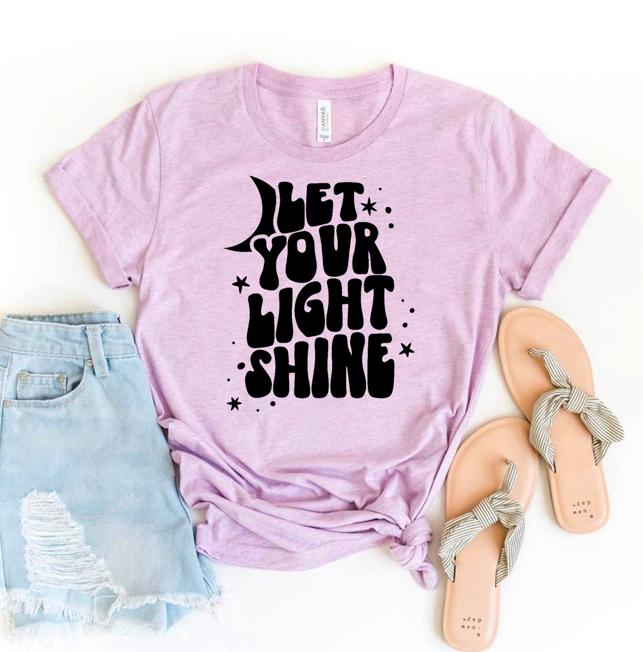 Let Your Light Shine T-shirt made from premium ring spun cotton, featuring a vibrant flex print design.