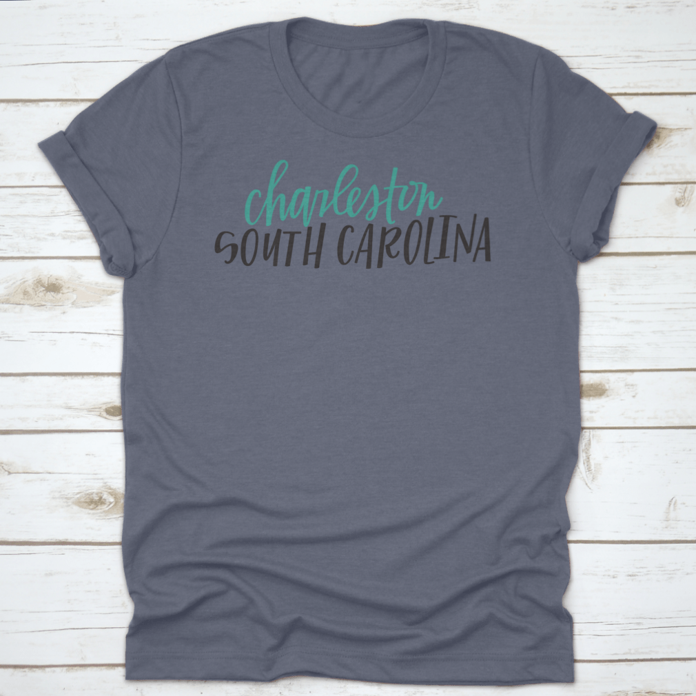 Lettering of Charleston, South Carolina typography design on a cotton shirt, showcasing vibrant colors and classic fit.