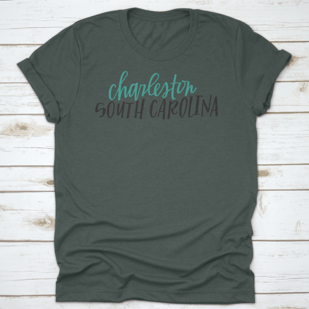 Lettering of Charleston, South Carolina typography design on a cotton shirt, showcasing vibrant colors and classic fit.