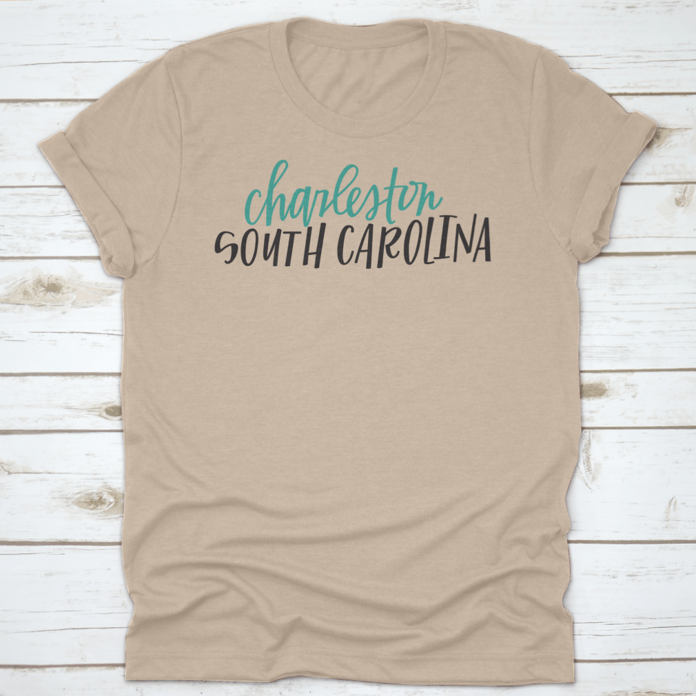 Lettering of Charleston, South Carolina typography design on a cotton shirt, showcasing vibrant colors and classic fit.