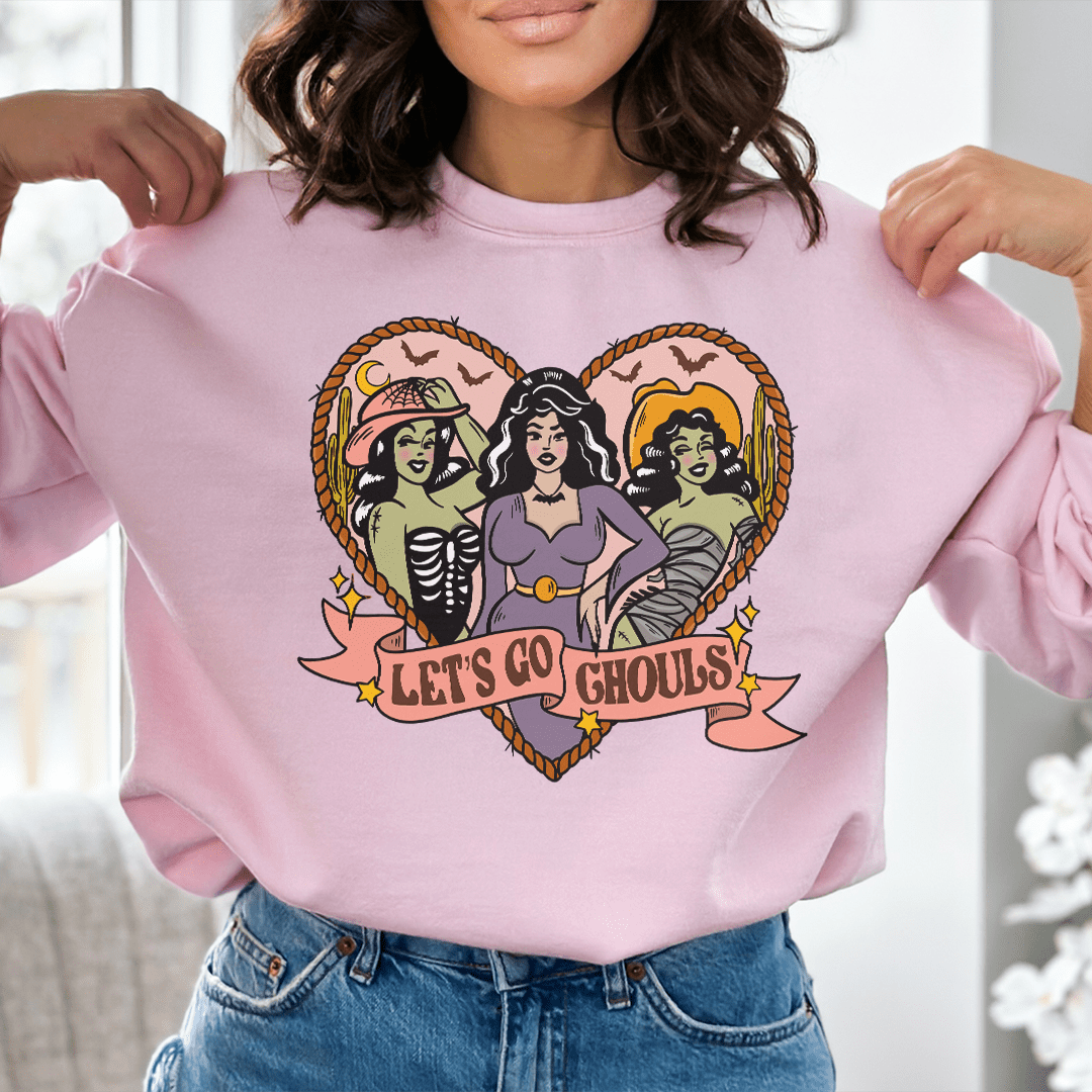 Let's Go Ghouls sweats featuring unique designs by top artists, made from cozy cotton/poly fleece blend.